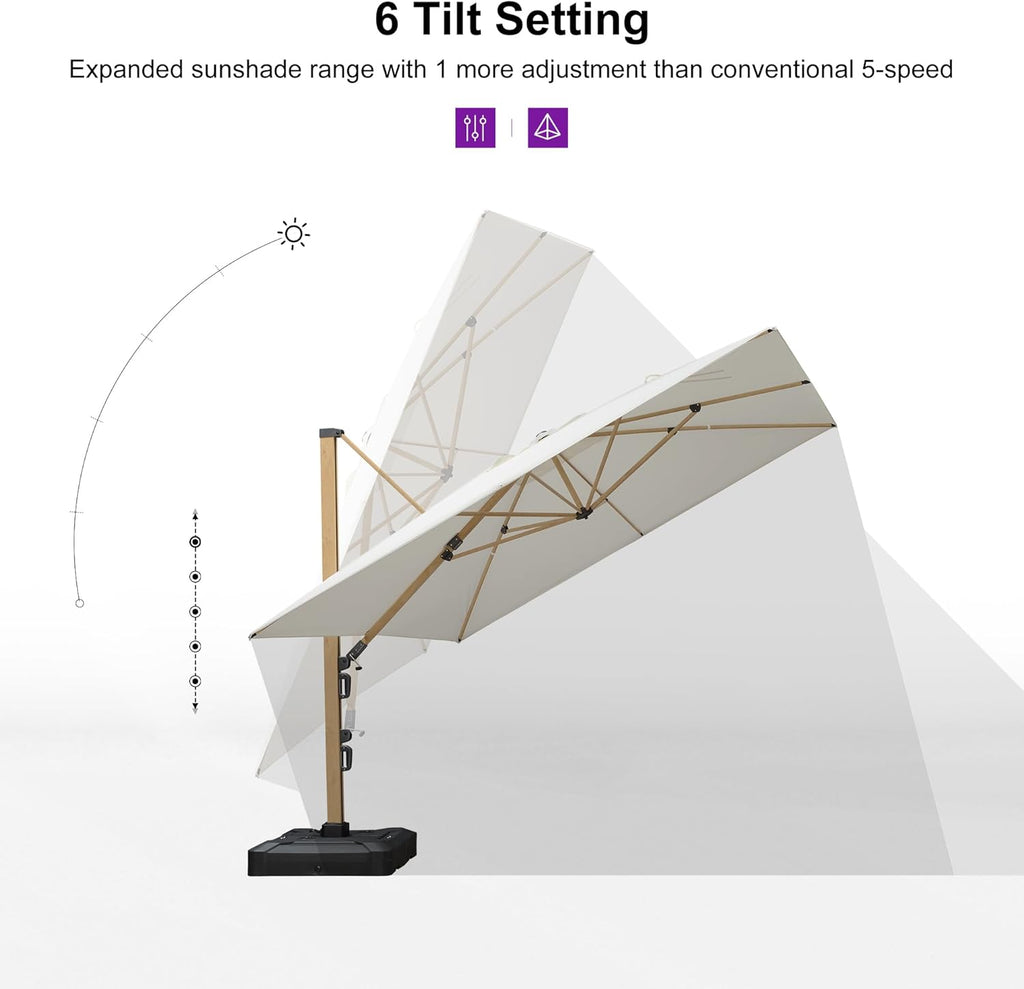 PURPLE LEAF 11FT Patio Umbrella Square Cantilever Umbrella Teak Finished Aluminum Frame Large Windproof Offset Outdoor Sun Umbrellas for Beach Pool Deck, Cream