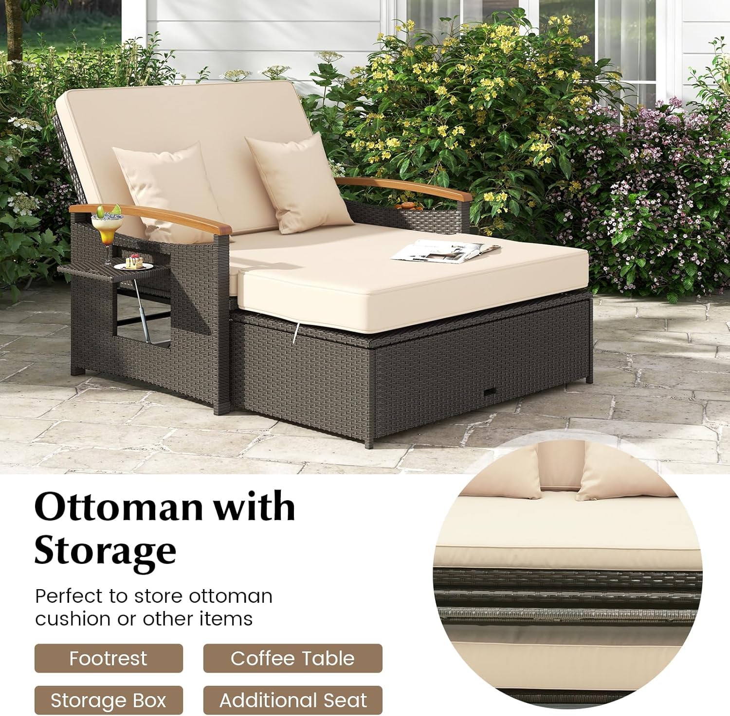 LDAILY Moccha Outdoor Wicker Daybed, Patio Rattan Loveseat Sofa w/ 4-Level Adjustable Backrest, Folding Panels, Storage Ottoman & Cushions, Lounge Furniture Set for Poolside Backyard Porch (Beige)