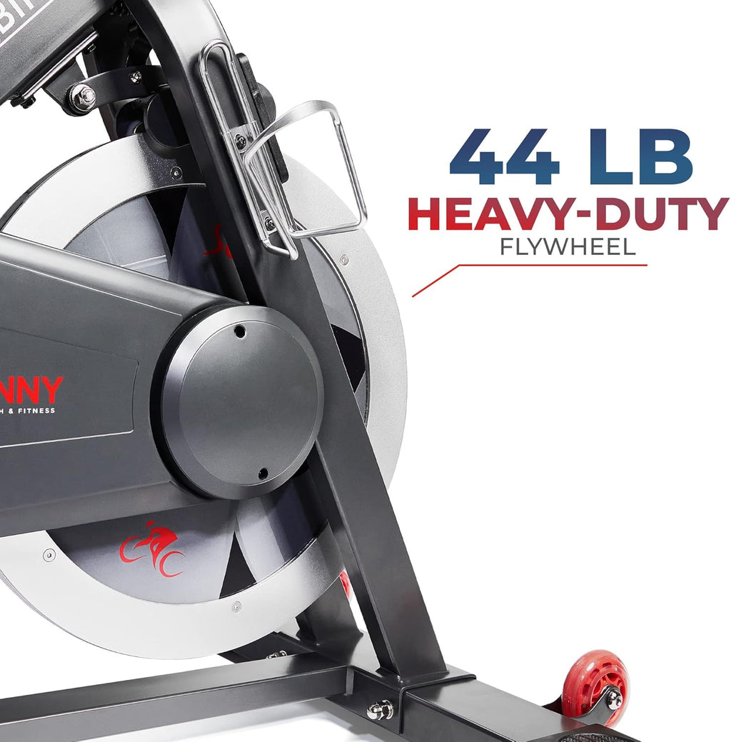 Sunny Health & Fitness Magnetic Exercise Bike, 44LB Flywheel & 300LB Weight Capacity for Intensive Home Workout, Indoor Cardio Training w/4-Way Adjustable Seat, Optional Free SunnyFit App Connection