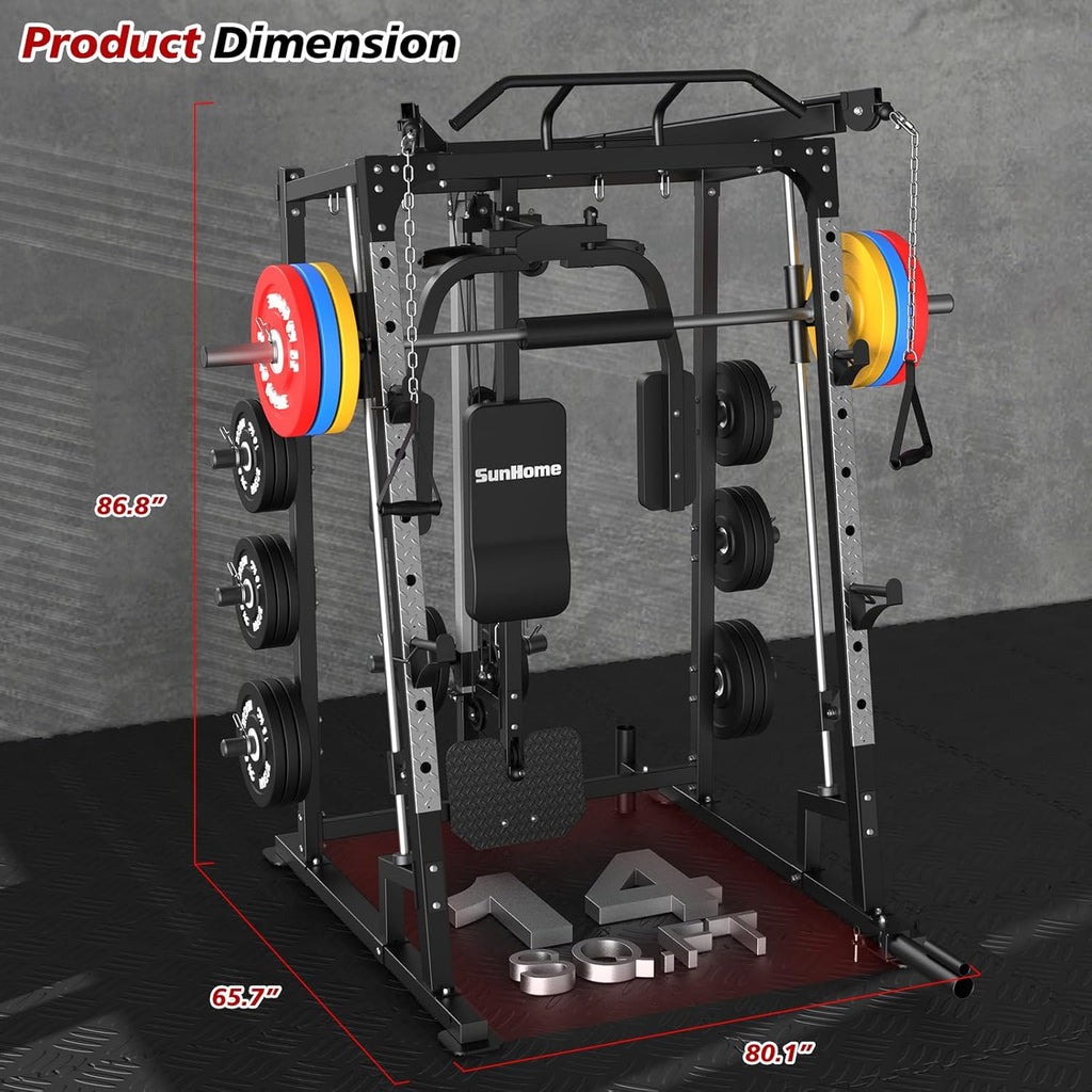SunHome Smith Machine, Power Cage Squat Rack with Smith Bar, LAT Pull-Down Systems, Cable Crossover Machine and Cable Attachment for Home Gym