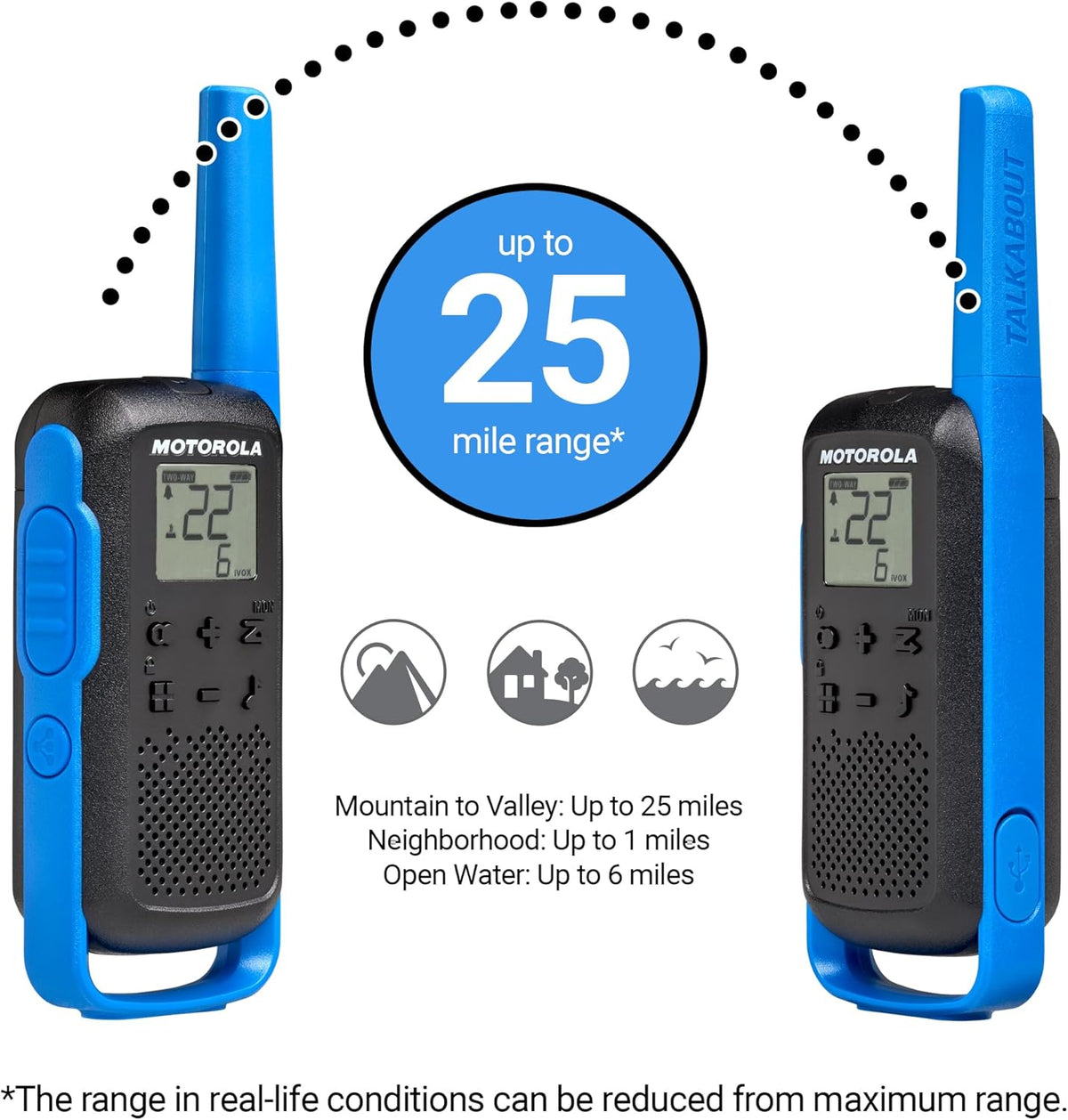 Motorola Solutions, Portable FRS, T270TP, Talkabout, Two-Way Radios, Rechargeable, 22 Channel, 25 Mile, Black W/ Blue, 3 Pack
