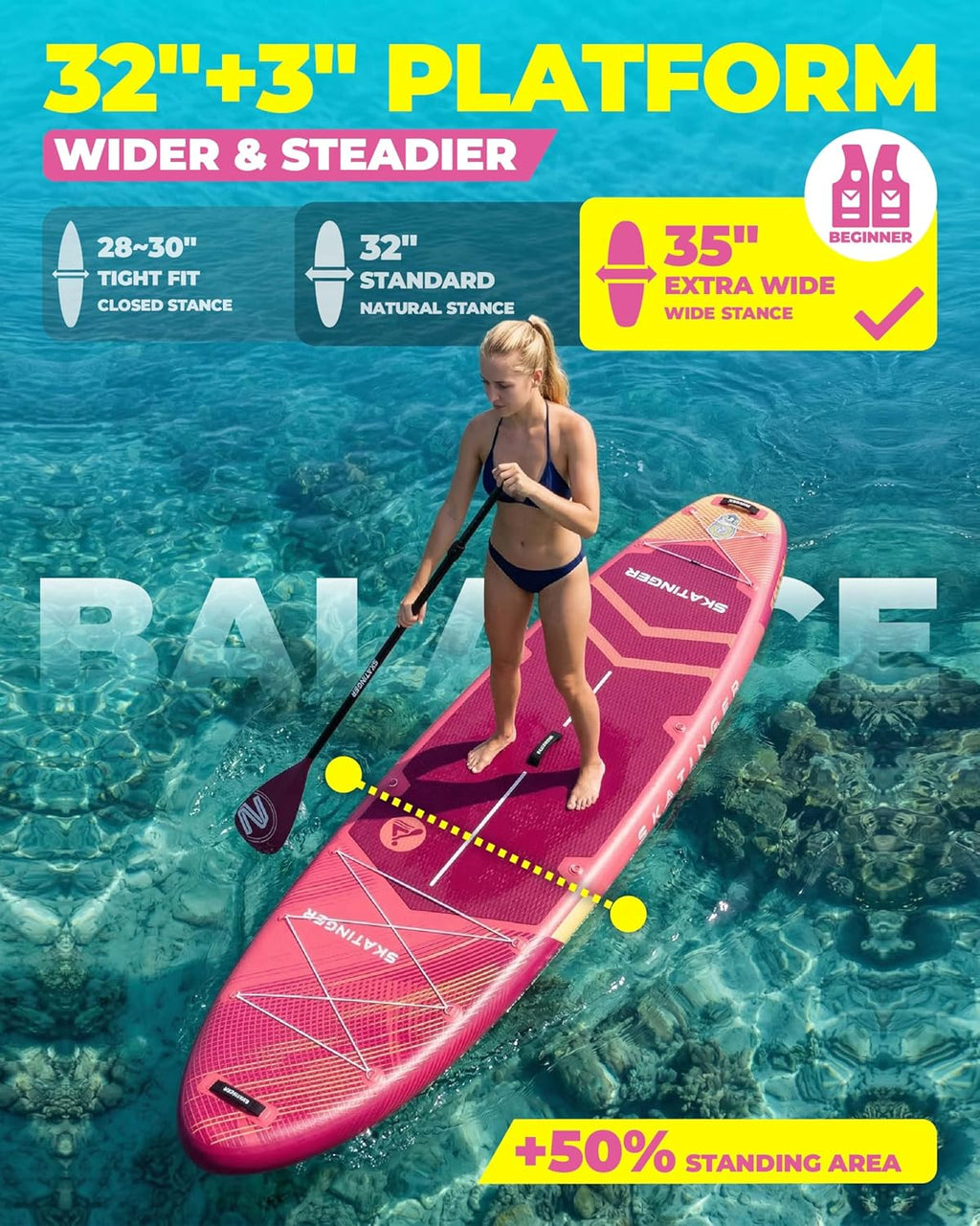 Skatinger 11'6×35" Super Wide Inflatable Paddle Board, Ultra Stable Stand Up Paddleboards for 450lb/3 People/Family/Big Size w/Shoulder Strap, 100L Backpack, Ultra-Light All-Round Sup Board