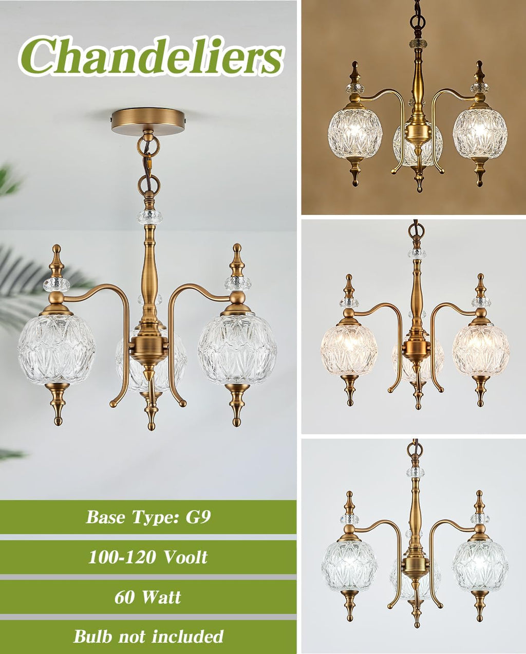 Vintage Pendant Light Fixtures, 3-Light Chandeliers for Kitchen Antique Gold Glass Pendant Lighting Matte Brushed Brass Finish with Crystal Glass Shade for Farmhouse Hotel Kitchen Island