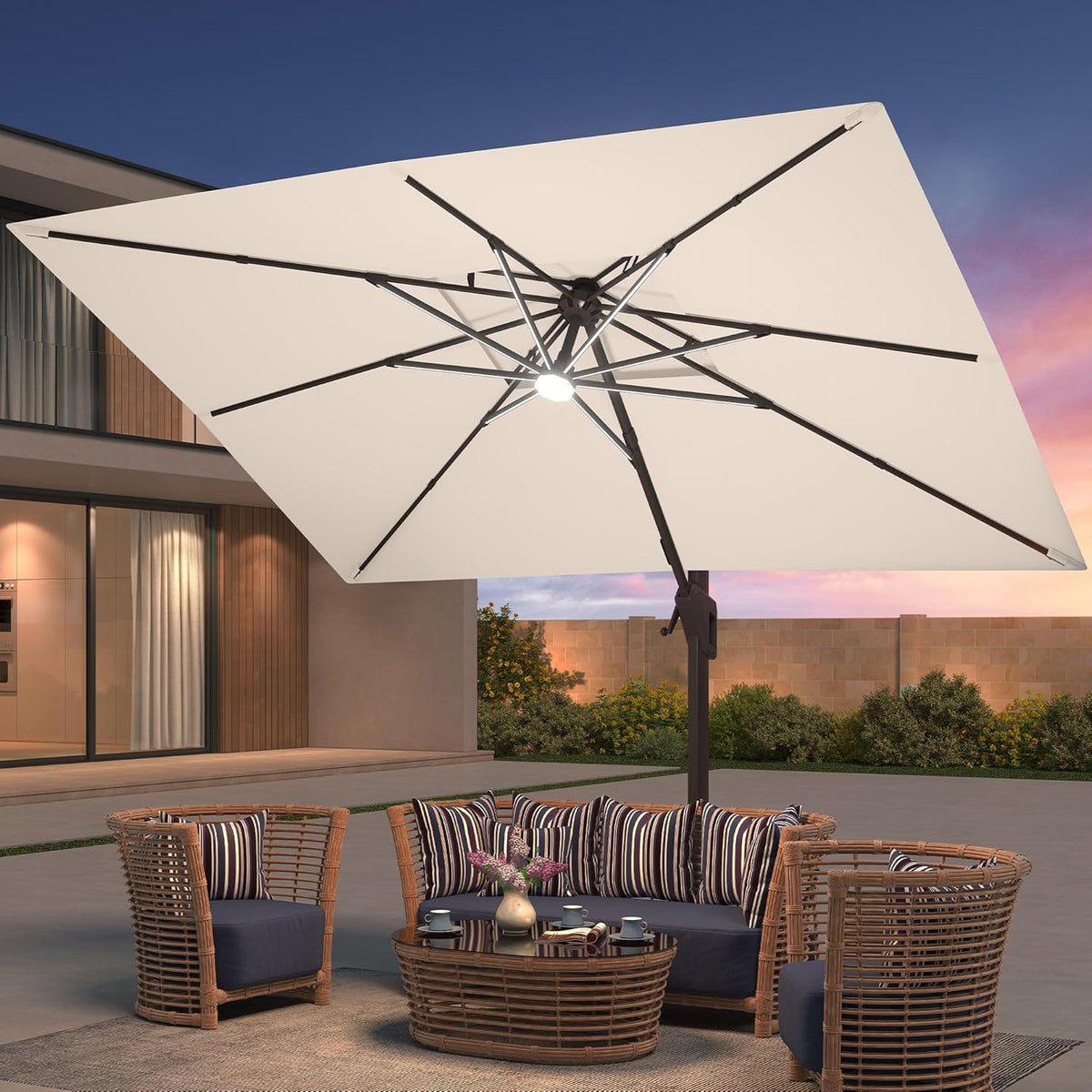 9x12 FT Patio Umbrella with Weighted Base and LED Lights Cantilever Outdoor Large Heavy Duty Rectangle Aluminum Offset Umbrellas Double Top 360 Rotation for Pool Deck Garden, Beige