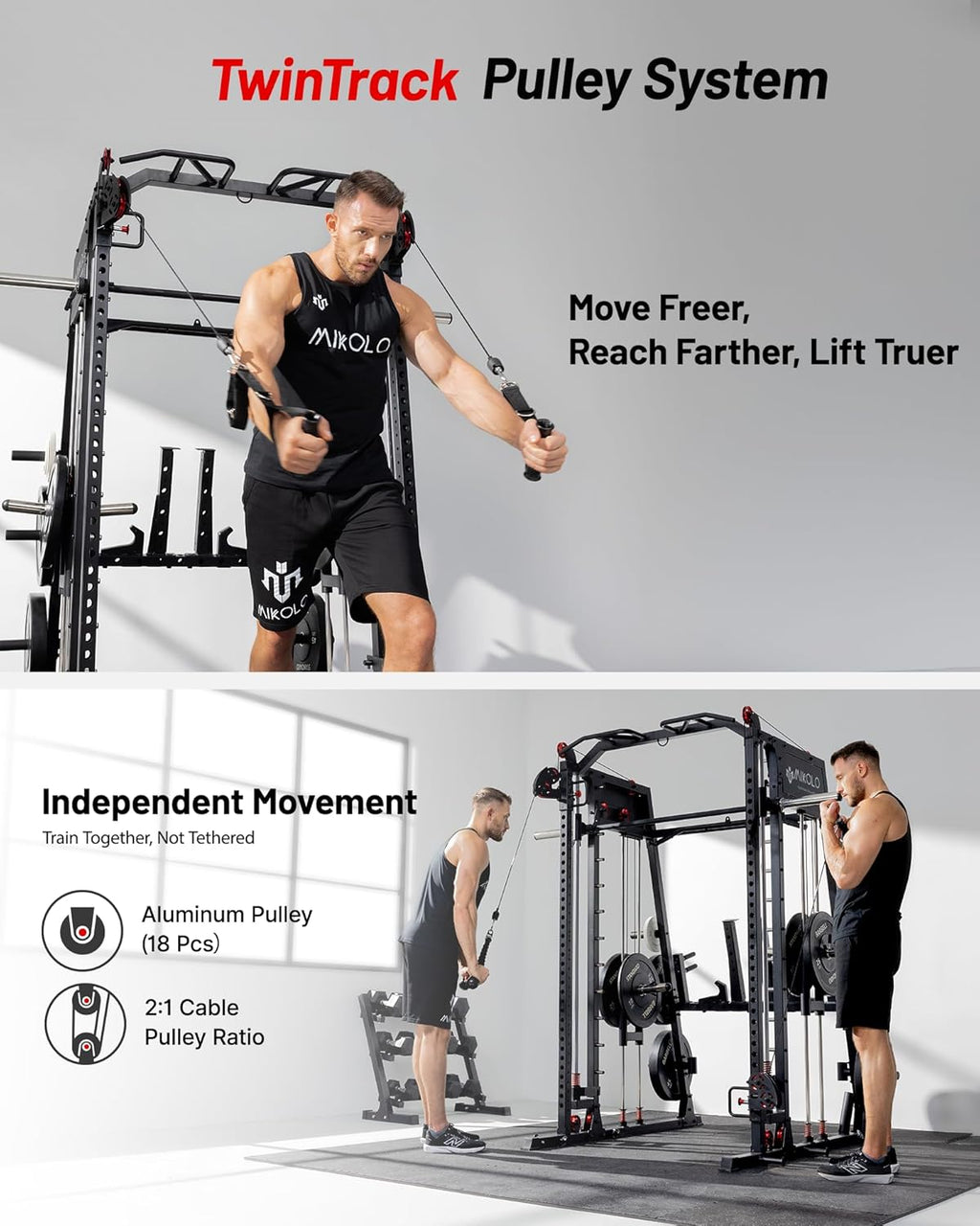 Mikolo M4 2.0 Standard/Ultra/Elite Smith Machine, 2200lbs Squat Rack with LAT-Pull Down System & Cable Crossover Machine, Training Equipment with Leg Hold-Down Attachment