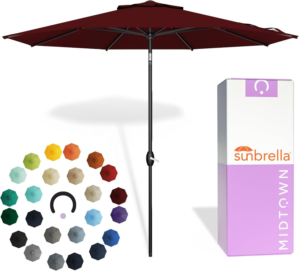 Midtown Umbrellas - The Lean 9 Ft Patio Umbrella with Fade-Resistant Sunbrella Fabric, Auto-Tilt Aluminum Frame and 8 Reinforced Ribs for Deck, Pool & Garden - Burgundy Canopy, Black Pole