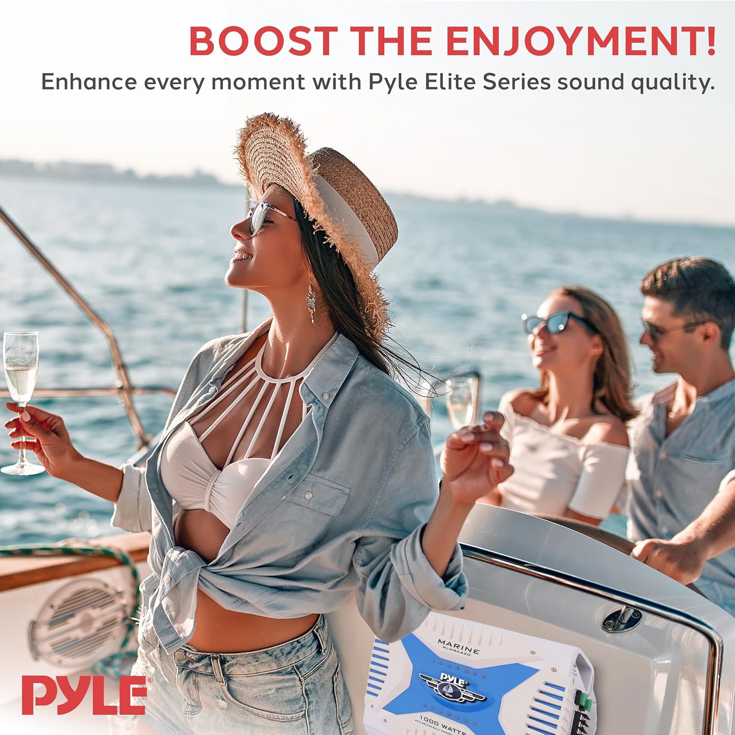 Pyle Hydra Marine Amplifier - Upgraded Elite Series 1000 Watt 4 Channel Bridgeable Amp Tri-Mode Configurable, Waterproof, MOSFET Power Supply, GAIN Level Controls and RCA Stereo Input - PLMRA420