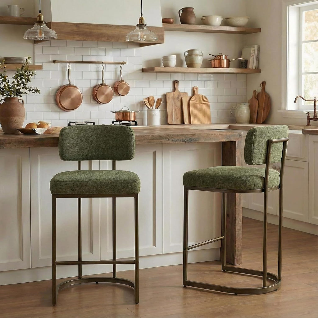 26" H Counter Height Bar Stools Set of 3, Modern Linen Fabric Upholstered Barstools with Backrest for Kitchen Island, Gold Metal Frames, Green