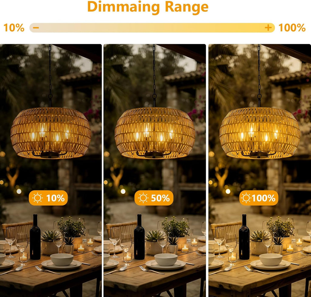 Solar Lights Outdoor Chandelier with Remote & Dimmable LED Bulb, Rattan Solar Powered Outdoor Lights for Patio, Indoor Boho Hanging Pendant Light Fixture, Garden Lights for Porch Gazebo Patio Yard
