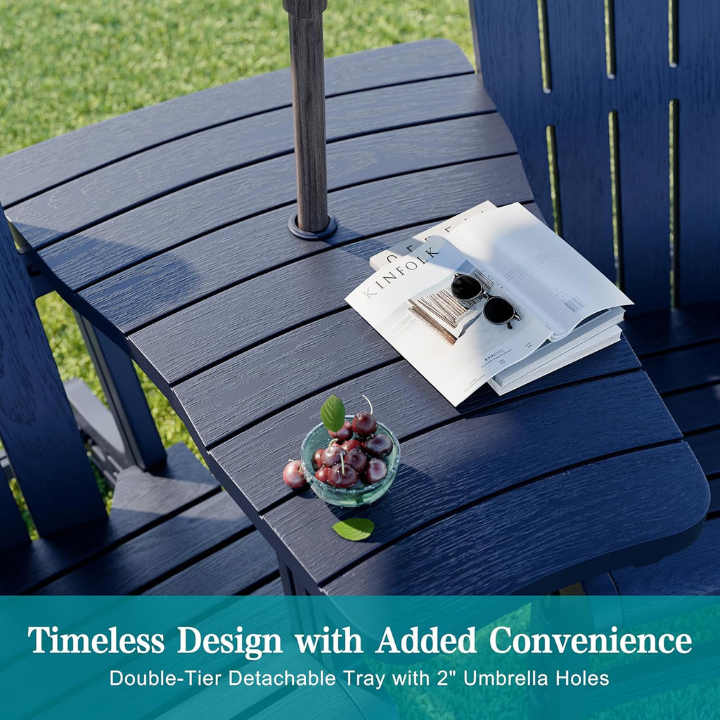 JY QAQA Outdoor Adirondack Chair Set of 2, All-Weather HDPE Patio Furniture with Detachable Table, Wood Texture & Cup Holder for Patio, Poolside, Garden, Dark Blue