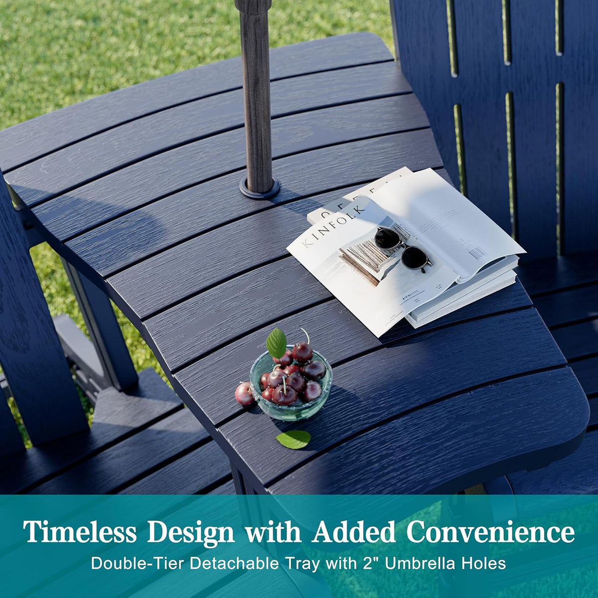 JY QAQA Outdoor Adirondack Chair Set of 2, All-Weather HDPE Patio Furniture with Detachable Table, Wood Texture & Cup Holder for Patio, Poolside, Garden, Dark Blue