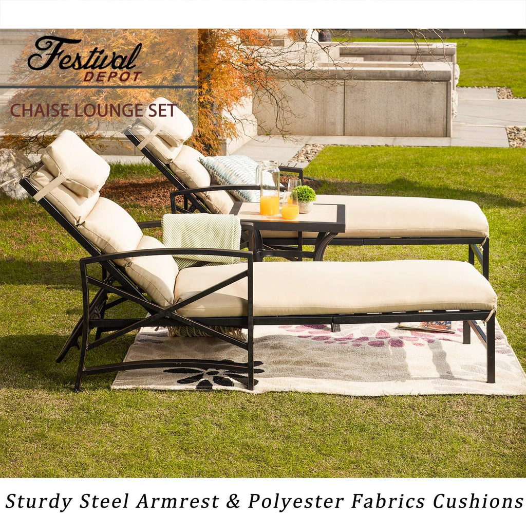 Festival Depot 3 Pieces Patio Outdoor Chaise Lounge Chairs with Cushions Set with Coffee Table Premium Fabric Metal Frame Furniture Garden Bistro Soft Headrests (Khaki)