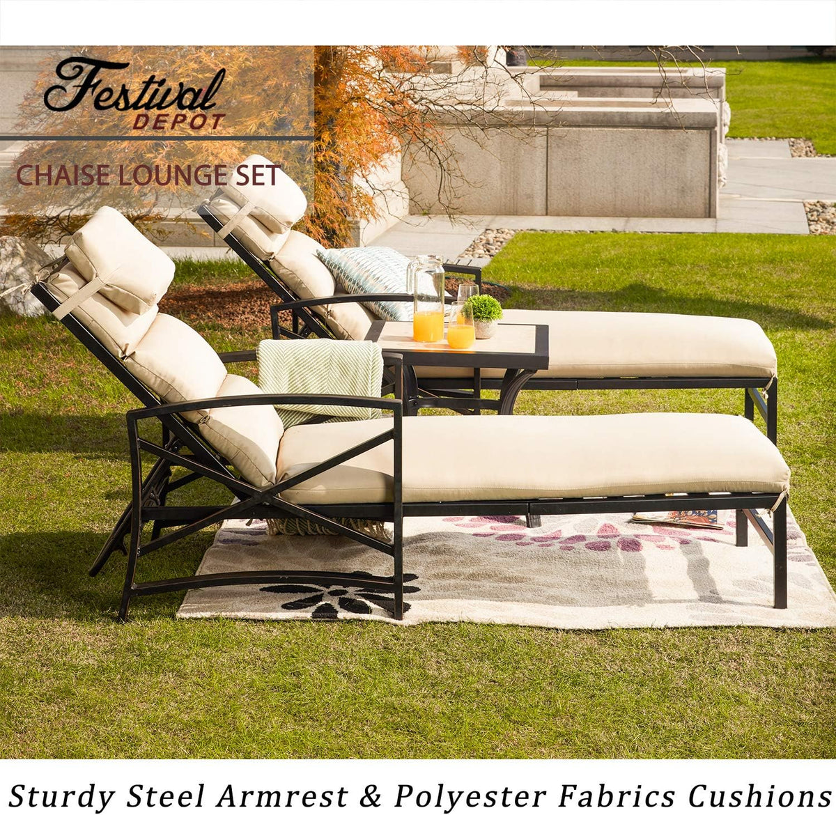 Festival Depot 3 Pieces Patio Outdoor Chaise Lounge Chairs with Cushions Set with Coffee Table Premium Fabric Metal Frame Furniture Garden Bistro Soft Backrest (Khaki)