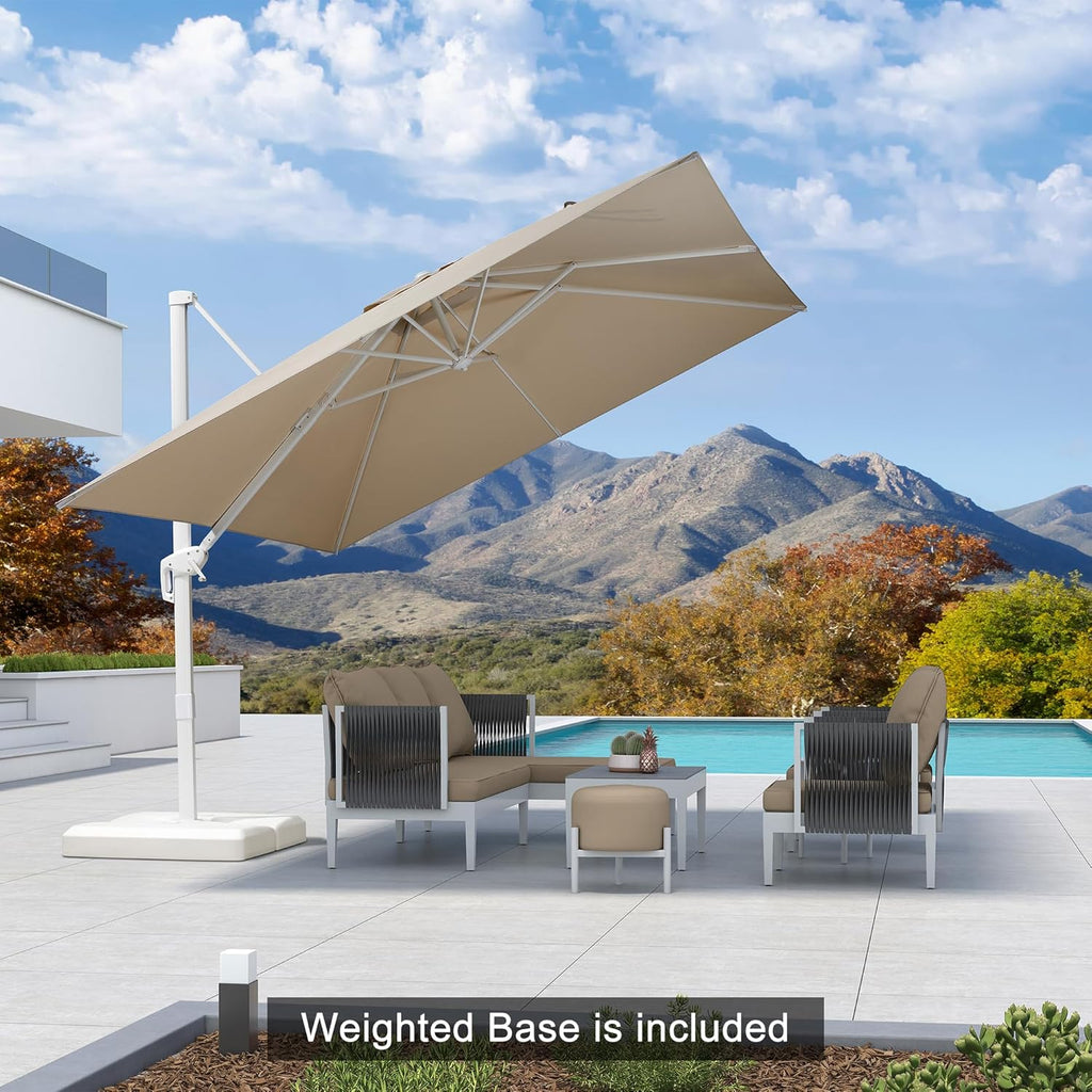 PURPLE LEAF 10 FT White Cantilever Umbrella With Base, Patio Umbrella Outdoor Offset Aluminum Umbrella Windproof with 360° Rotation for Deck Pool Garden, Beige