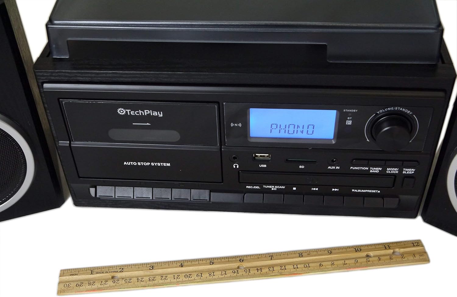 TechPlay ODC128BT 3-Speed Turntable with Cassette Player/Recorder, CD,MP3 SD Card/USB Player, Digital AM/FM Radio, AUX in, Line Out Alarm Clock, Remote and External Speakers (Cherry Wood)