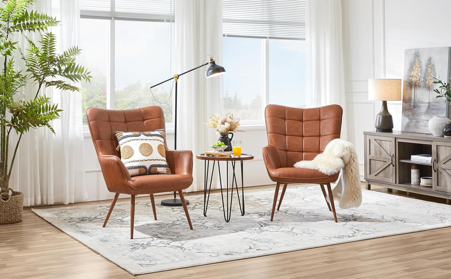 Yaheetech Accent Chairs, Large PU Leather High-Back Chair w/Metal Legs, Pottery Barn Style Living Room Chairs for Bedroom/Home Office, Brown, Set of 2