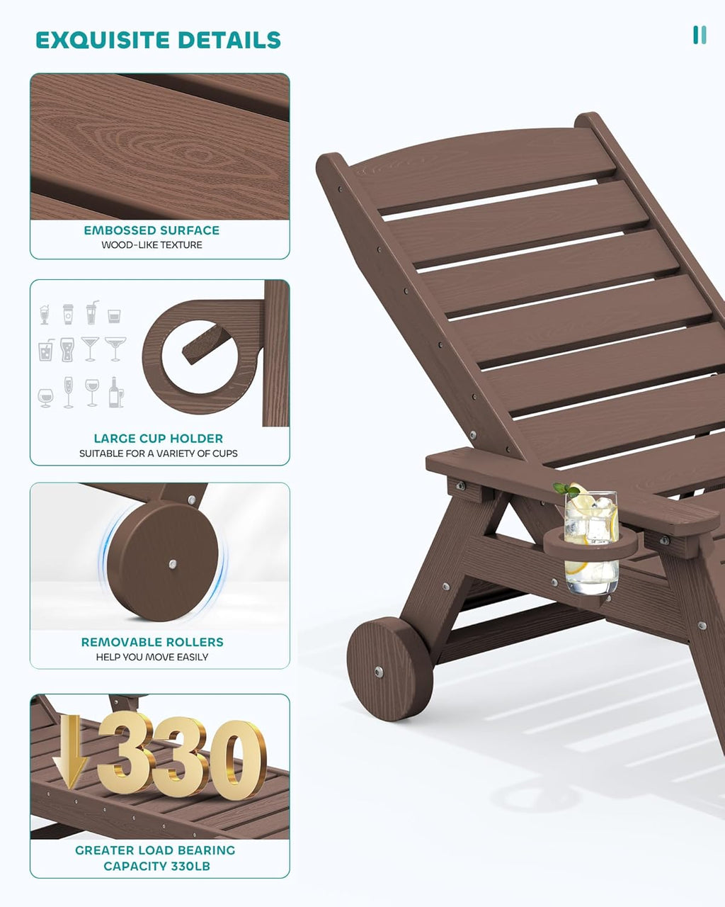 SERWALL Patio Chaise Lounge Chair Set of 2, 78'' Long 5-Positions Adjustable HDPE Outdoor Lounger for Pool, Poly Lounge Chair with Rolling Wheels & Cup Holder for Poolside, Deck, Coffee Brown