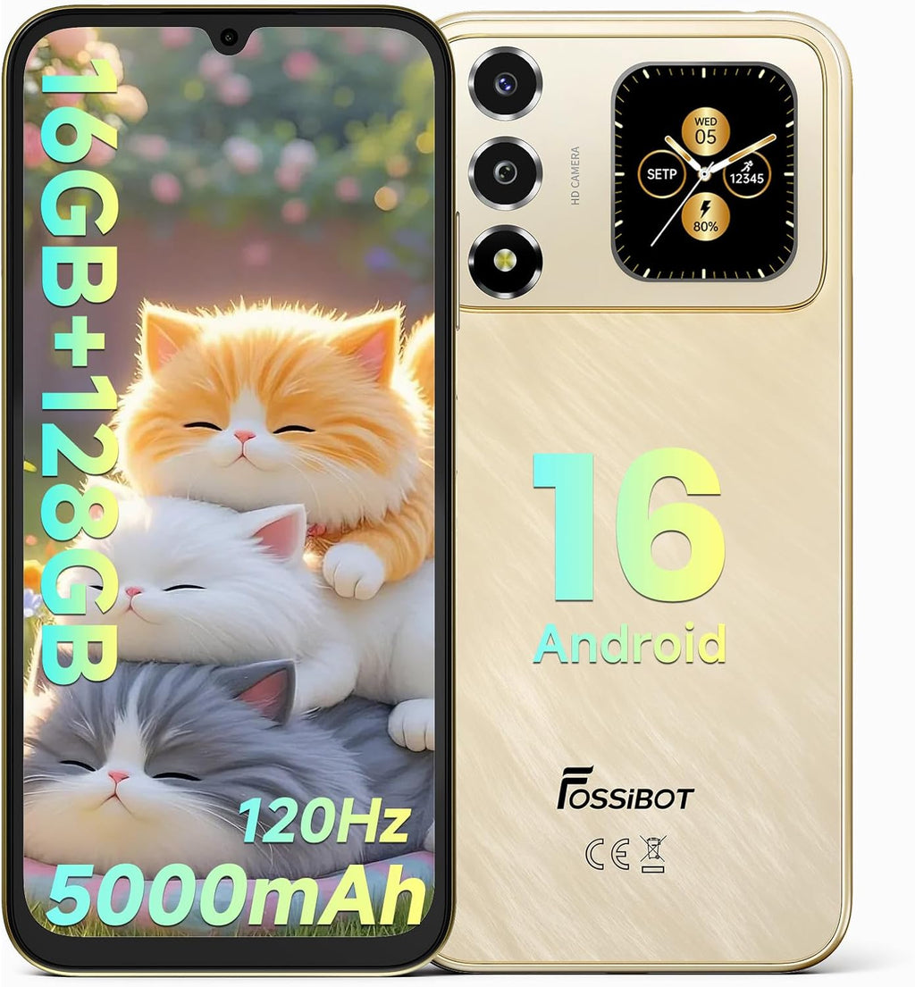 FOSSIBOT S7 Android 16 CellPhones, 16GB+128GB+2TB Unlocked Phone, 6.9" FHD Display 120Hz Dual-Screen Smartphones, 5000mAh Battery 4G Dual Sim Mobile Phone, Gemini Al/GPS/Face ID (2026 Gold)