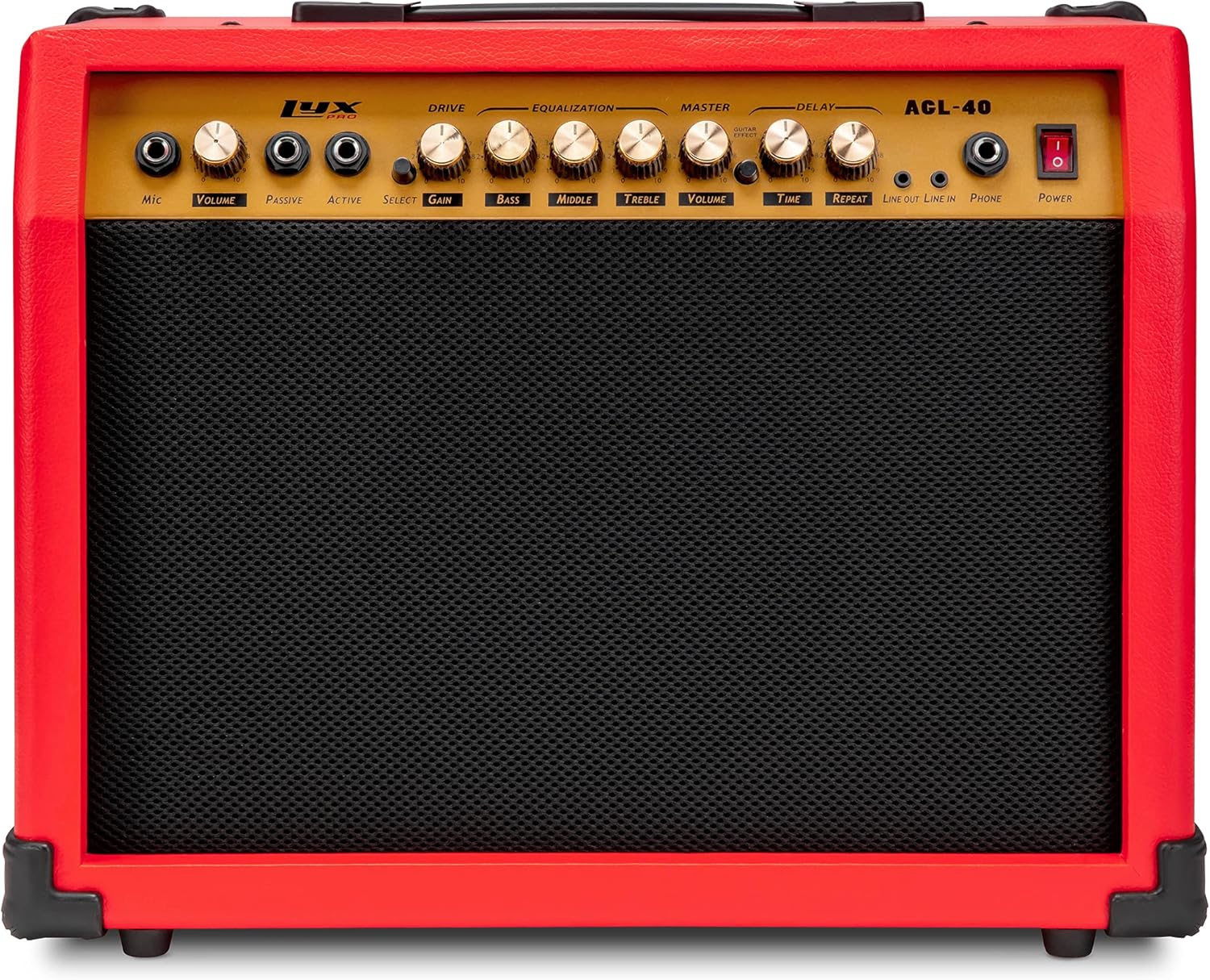 LyxPro 40 Watt Electric Guitar Amplifier | Combo Solid State Studio Amp with 8” 4-Ohm Speaker, Custom EQ Controls, Drive, Delay, ¼” Passive/Active/Microphone Inputs, Aux In & Headphone Jack - Red