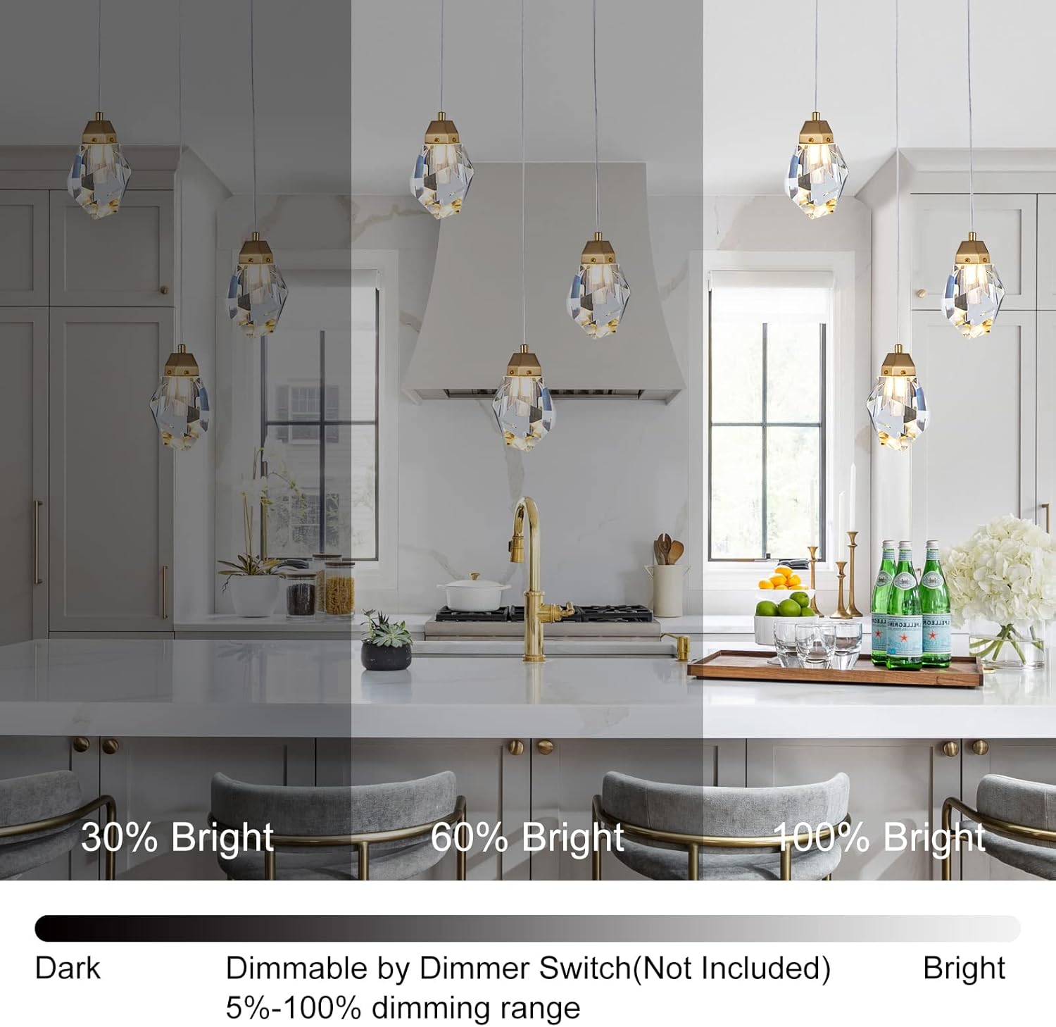 3 Lights Crystal Pendant Light Modern Cluster Chandelier - Dimmable LED Pendant Light Fixture with Brass Teardrop Design - Stylish Lighting for Kitchen Island, Dining Room, Hallway, Bathroom