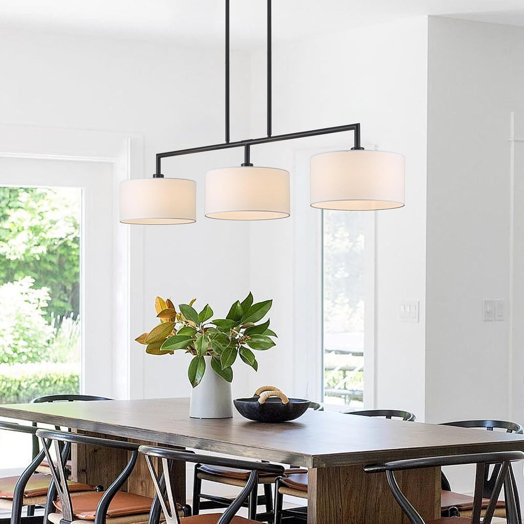 47" W Modern Linear Kitchen Island Pendant Light Fixture 3-Light White Linen Drum Shade Chandelier Black Metal Linear Chandeliers for Dining Room Farmhouse Hanging Light for Living Room, Bar, E26