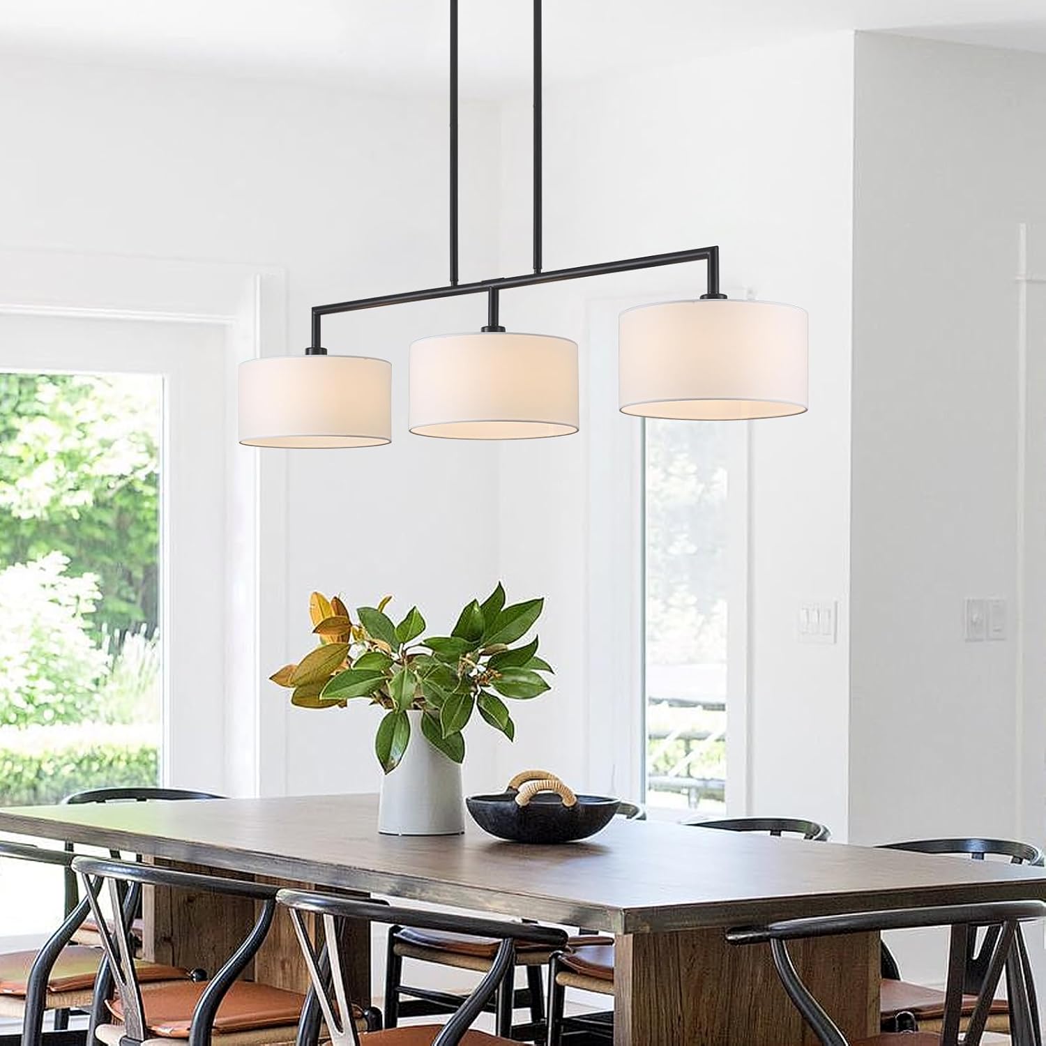 47" W Modern Linear Kitchen Island Pendant Light Fixture 3-Light White Linen Drum Shade Chandelier Black Metal Linear Chandeliers for Dining Room Farmhouse Hanging Light for Living Room, Bar, E26