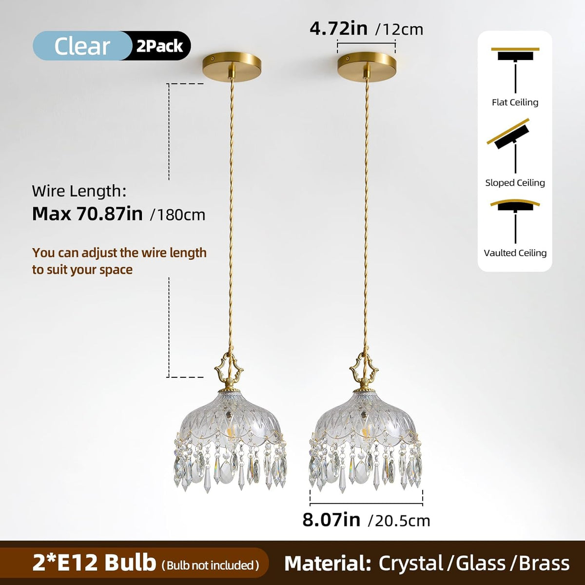 Vintage Small Crystal Pendant Lights - Brass Gold Clear Glass Mini Adjustable Hanging Kitchen Island Chandelier set of 2,Unique Flower Art Deco for Bathroom Bar Bedroom Dining Room Hallway Closet Sink