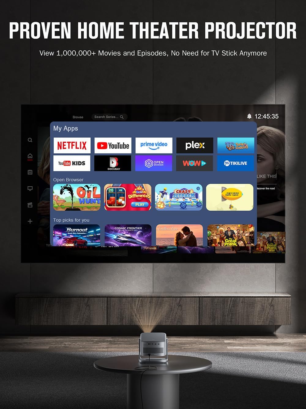 【Netflix Included & 2200ANSI】Smart 4K Projector with WiFi and Bluetooth, VISSPL 3D Dolby Audio and Auto Focus Portable Outdoor Projector, Movie Home Theater Projectors for Bedroom/Ceiling