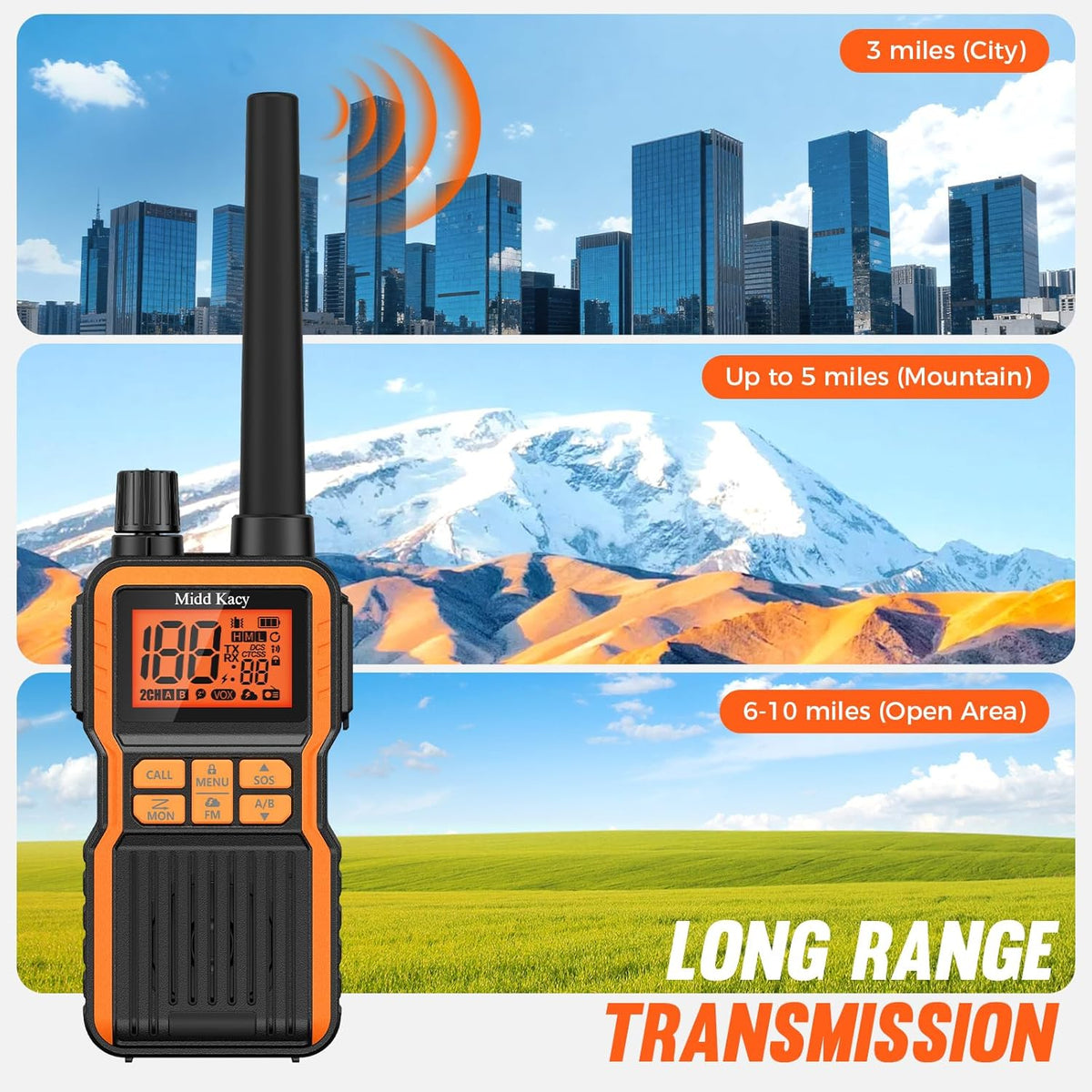 Midd Kacy Walkie Talkies, 60 Channel GMRS Handheld Waterproof Hunting Two Way Radio with 121 Privacy Codes, SOS, NOAA Weather Alerts, VOX, Channel Scanning, 4 Pack (Black/Orange)