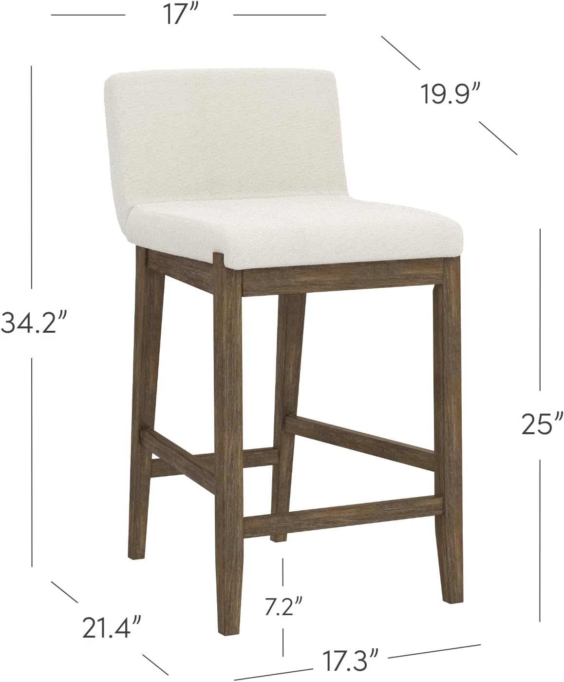 Nathan James Gracie Modern Counter Height Bar Stool with Back, Counter Stool Upholstered Chair with Natural Textured Linen and Brushed Wooden Legs, Cream Boucle/Dark Brown, Set of 4