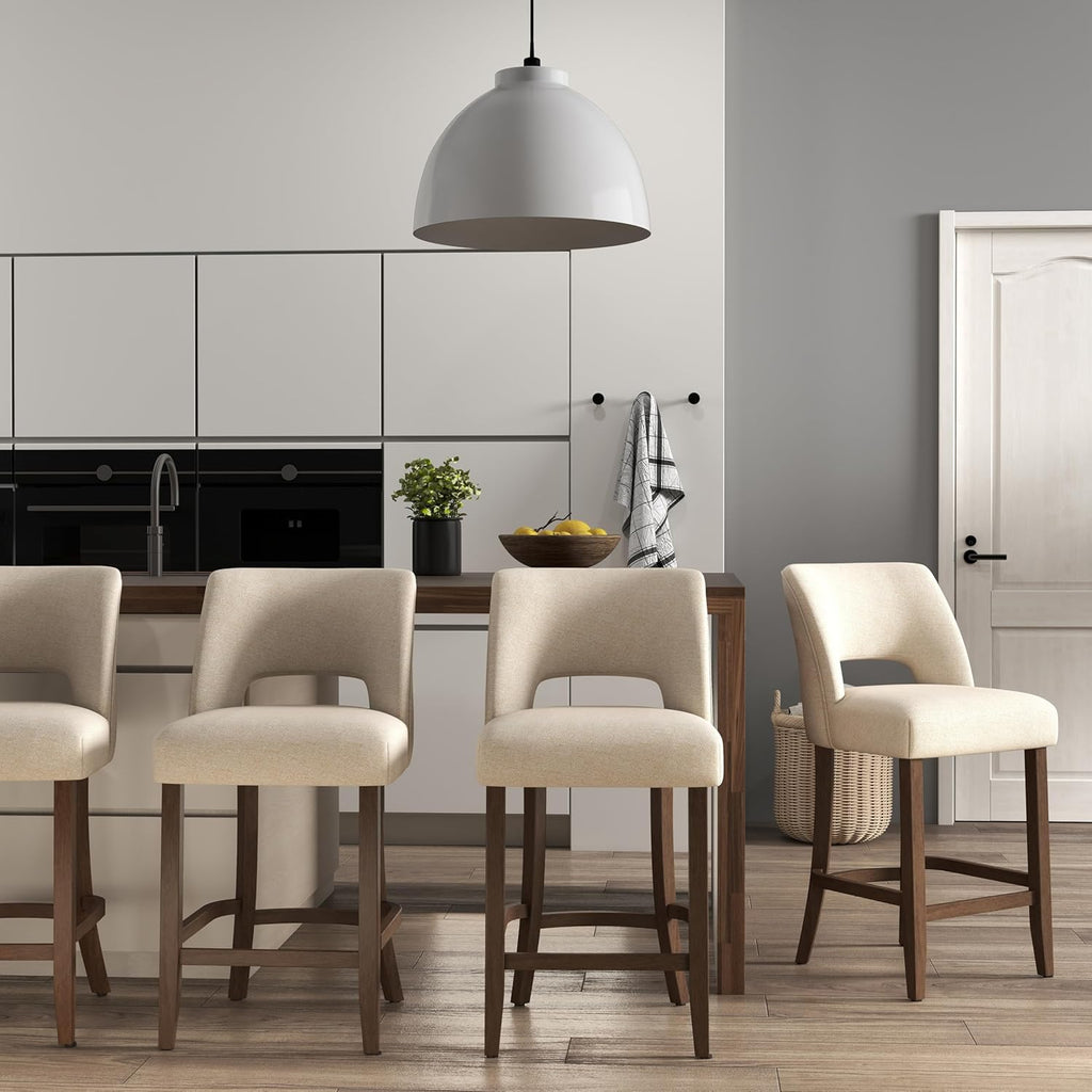 VKNOW Bar Stools Set of 4, 26" Upholstered Counter Height Bar Stools,Modern Counter Stools with Wood Legs for Kitchen Island Dining Room Bar,Beige