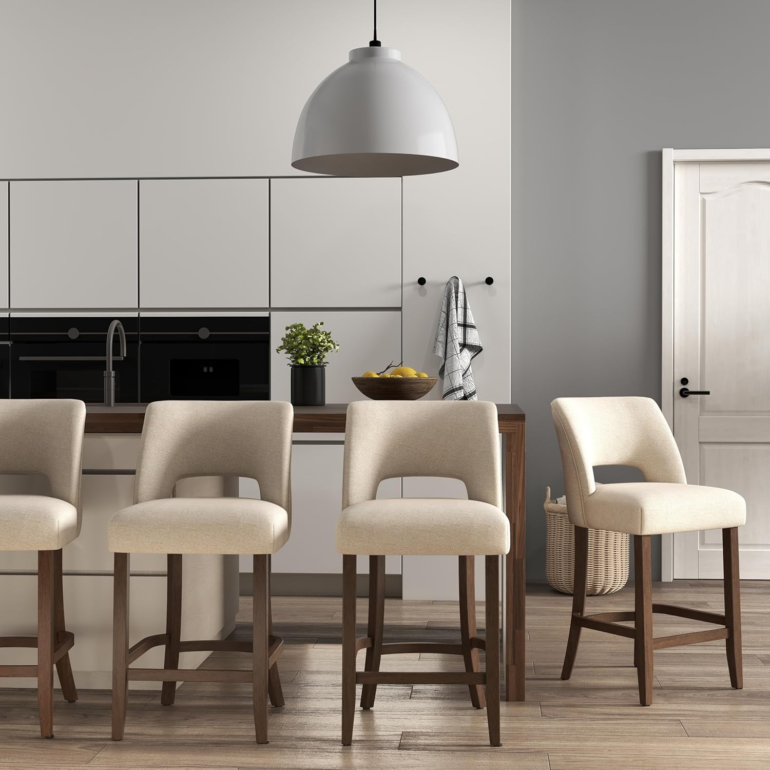 VKNOW Bar Stools Set of 4, 26" Upholstered Counter Height Bar Stools,Modern Counter Stools with Wood Legs for Kitchen Island Dining Room Bar,Beige