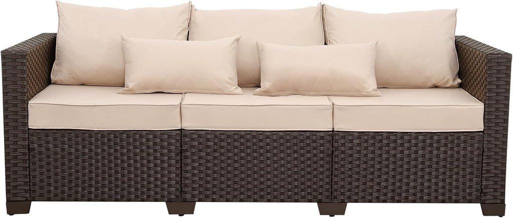 Rattan Star Outdoor Furniture Couch 3 Seater Sofa Outdoor Brown Wicker Sofa Deep Seat High Backrest Patio Couch with Non-Slip Cushions Waterproof Cover, Khaki