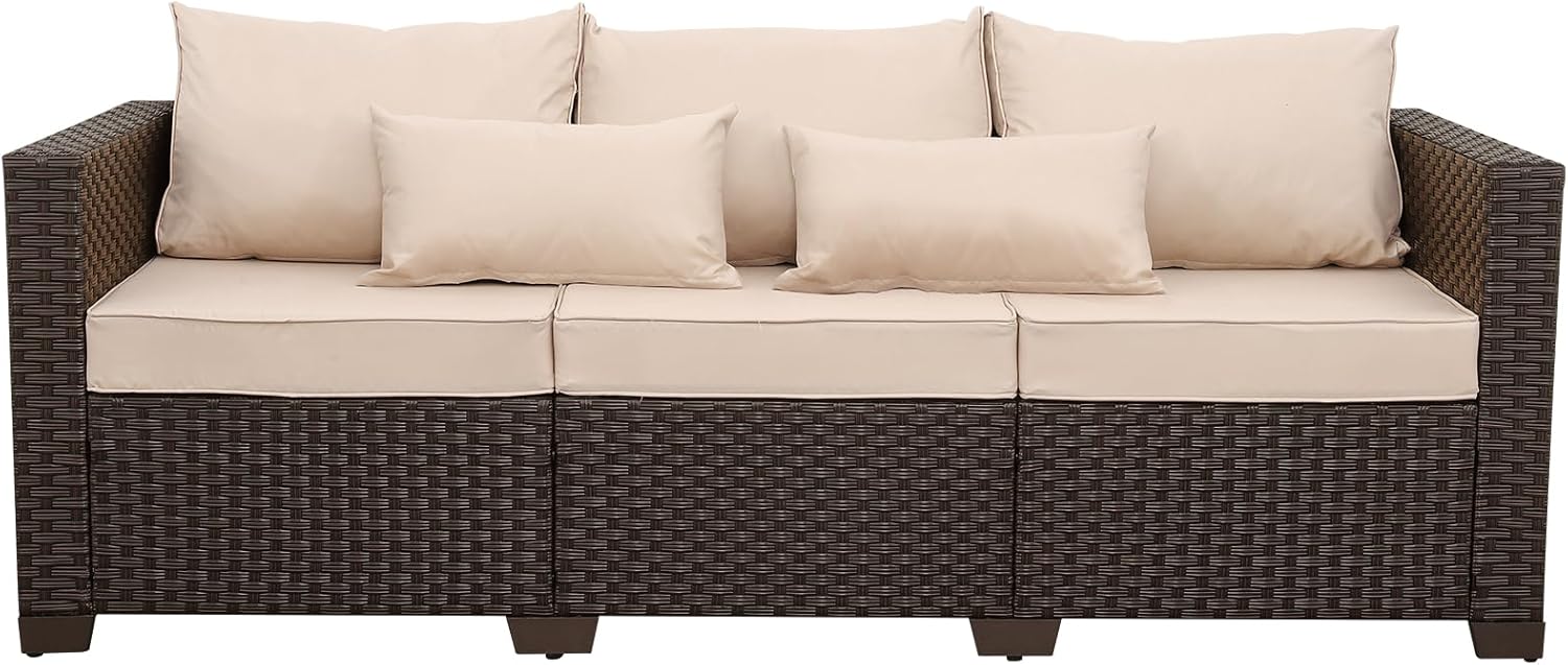 Rattan Star Outdoor Furniture Couch 3 Seater Sofa Outdoor Brown Wicker Sofa Deep Seat High Backrest Patio Couch with Non-Slip Cushions Waterproof Cover, Khaki