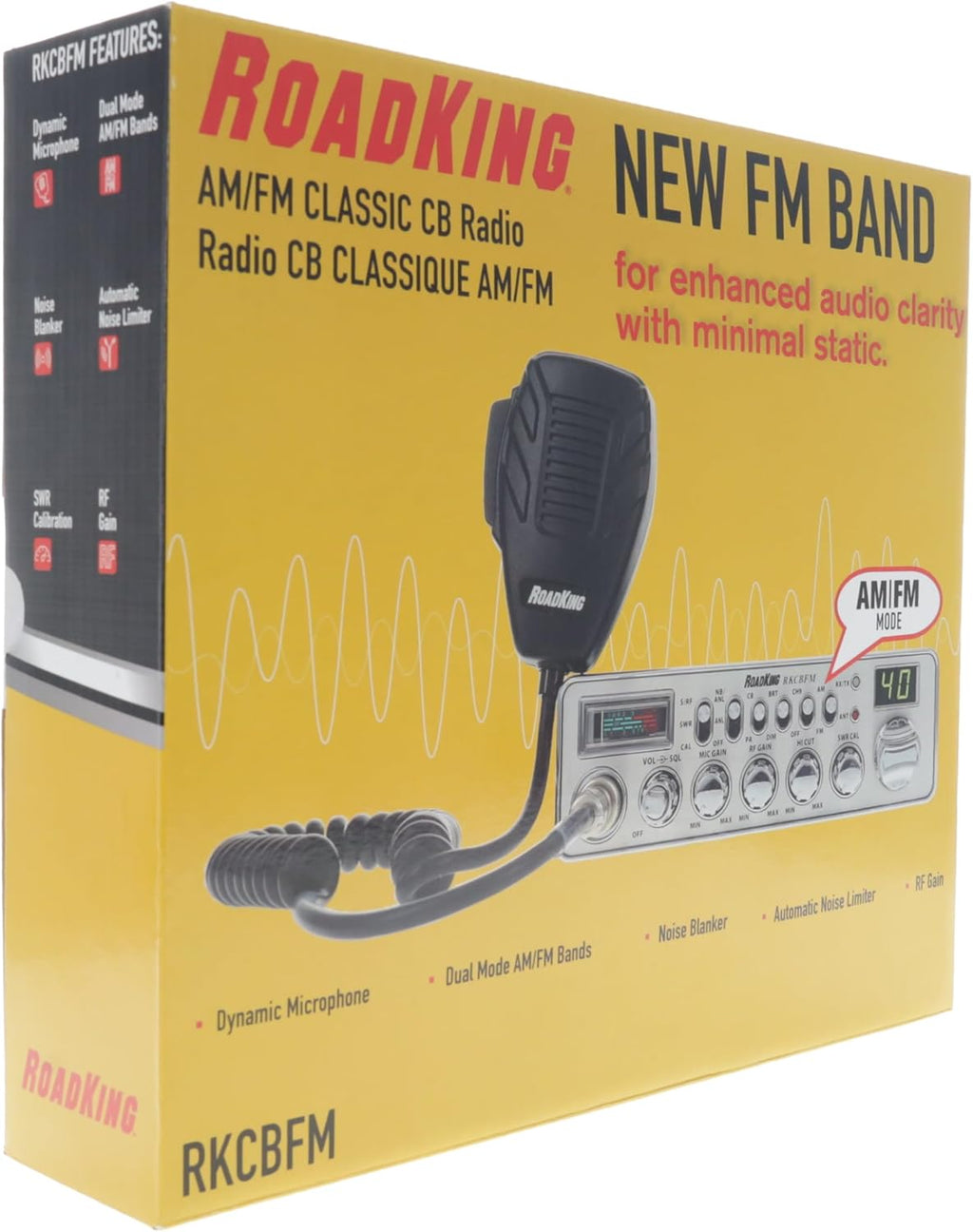 RoadKing RKCBFM Dual-Mode AM/FM CB Radio for Truckers Full 40 Channels Pro Emergency Channel CB with Noise-Cancelling Mic Large Display - Silver