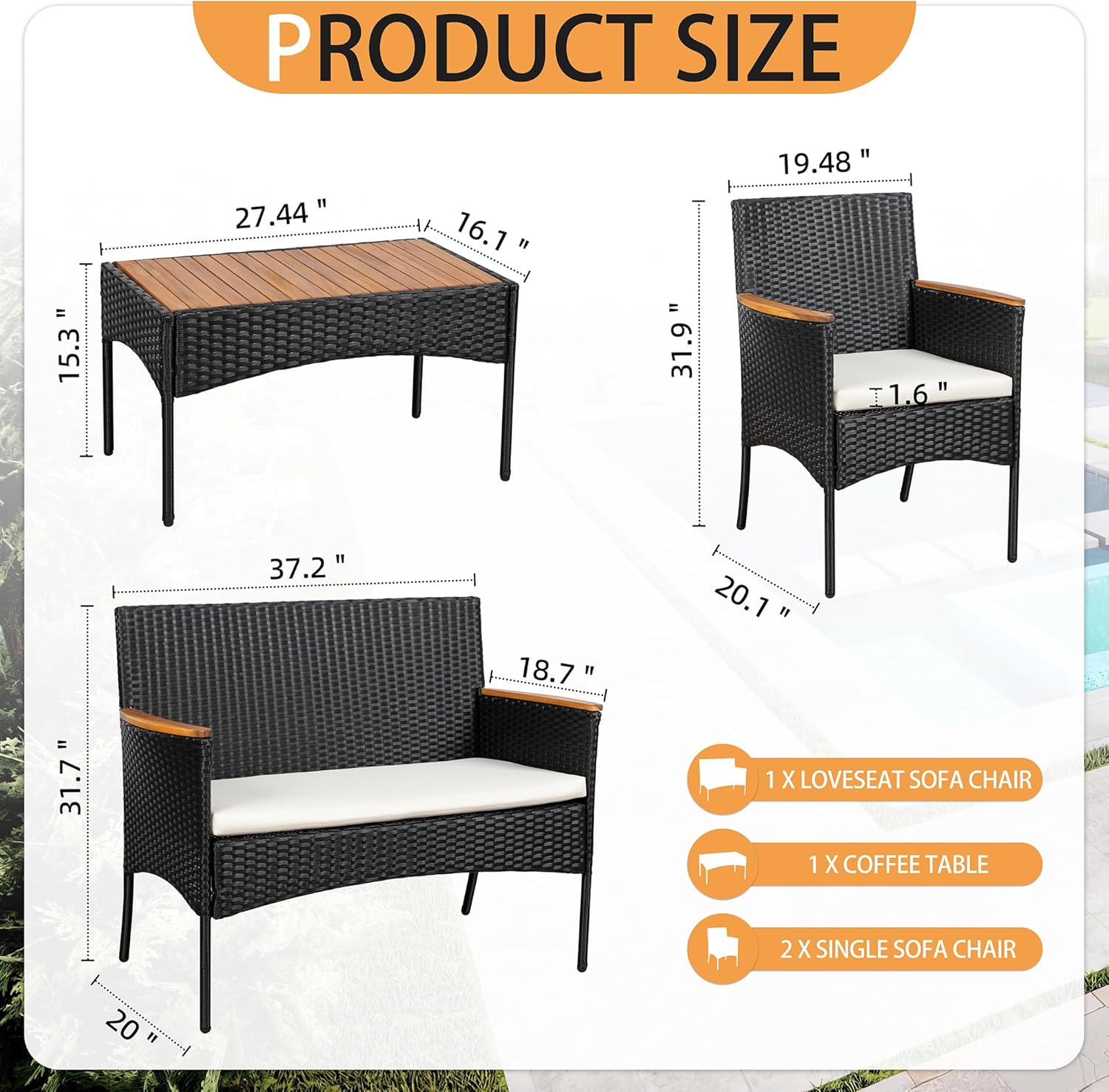Shintenchi 4-Piece Patio Furniture Set, Outdoor Wicker Patio Conversation Furniture Set with Cushions and Wooden Tabletop for Paito Lawn Backyard Pool Garden, Black Rattan