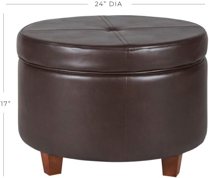 HomePop Round Leatherette Storage Ottoman with Lid, Chocolate Brown Large
