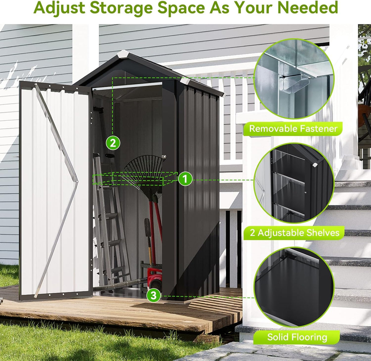 Aoxun Vertical Metal Tool Cabinet 2.5x2FT, 21 Cu.Ft Weatherproof Outdoor Storage Shed with Floor & Adjustable Shelves, Space-Saving Design for Garden, Garage, Patio