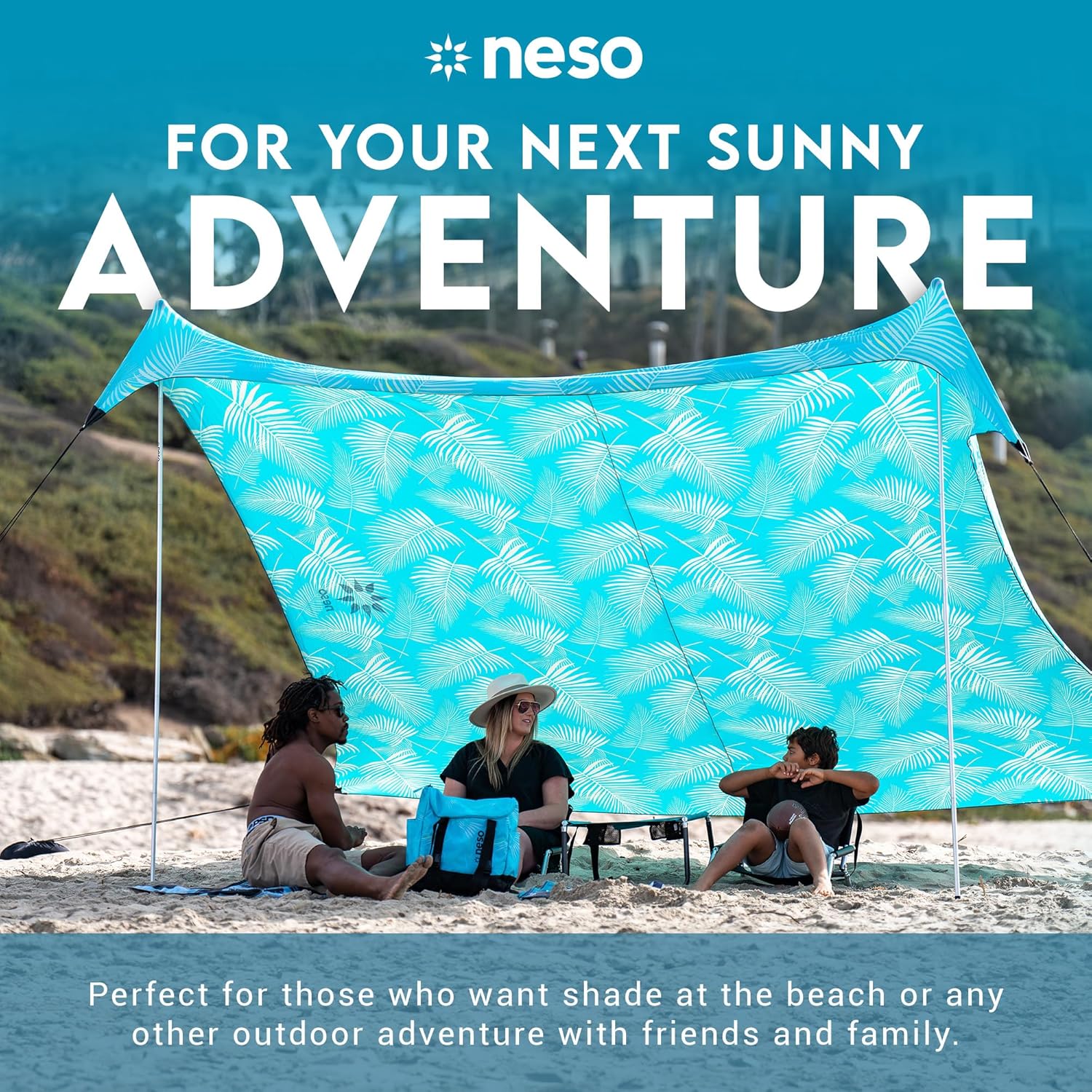 Neso Gigante Portable Beach Tent Sun Shelter - Lightweight Beach Shade Canopy - Easy Setup for Family Outings - Patented Reinforced Corners - UPF 50+ - 8ft Tall, 11 x 11ft - Aqua Fronds