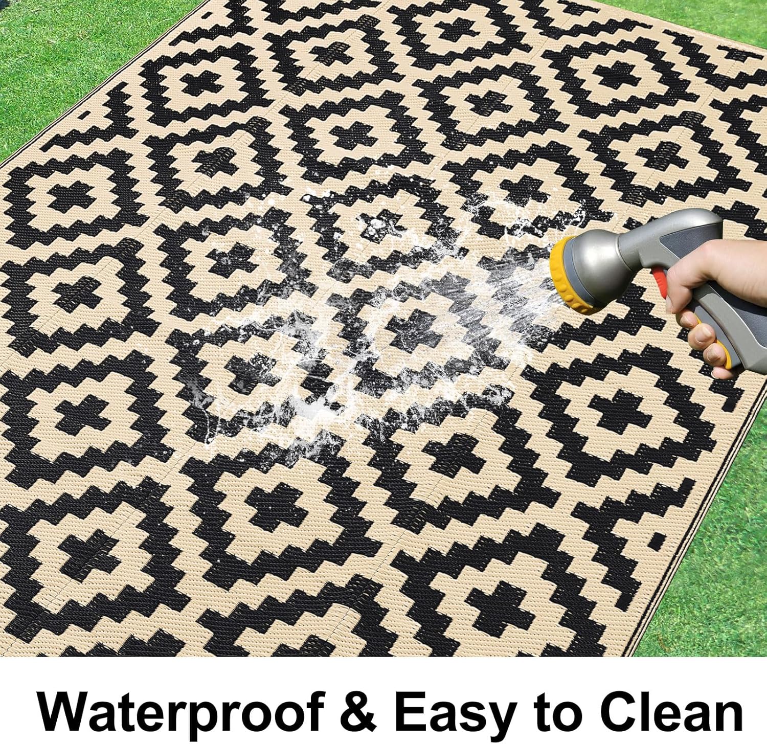 Smiry Waterproof Outdoor Rug 9x12 ft, Reversible Plastic Straw Patio Camping Rugs, Outdoor Indoor RV Mat Carpet for Patio, Outside Entry, Backyard, Deck, Bench, Picnic, Camper, Black & Beige
