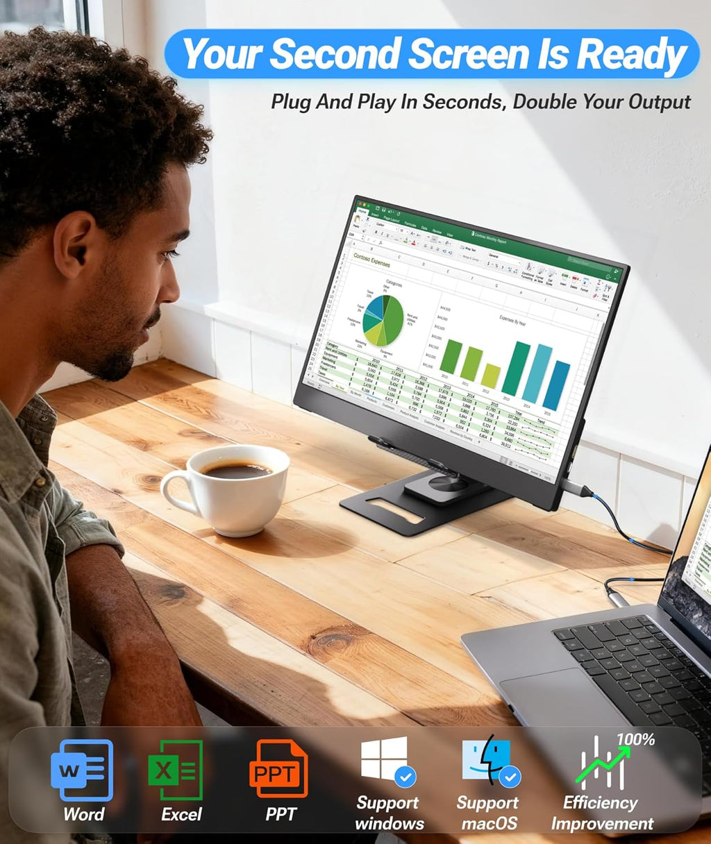 Ingnok Portable Monitor, Ultra Slim 15.6 Inch FHD IPS Laptop Screen Extender with Adjustable Stand, USB C Compatible, Ideal for Travel and Office