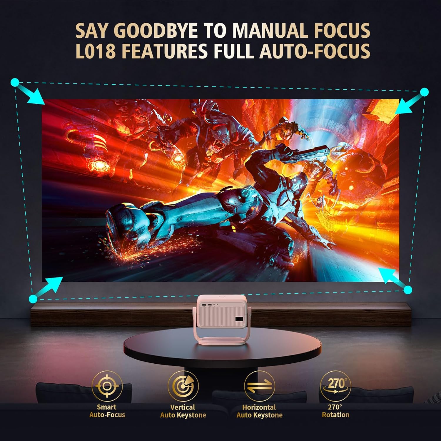 AI Auto Focus Portable Projector Native1080P Support 4K Parse WIFI6 5G Wireless 5.0 Bluetooth Android 13,300ANSI,360° Rotatable, Auto Keystone Correction Video Projecto
