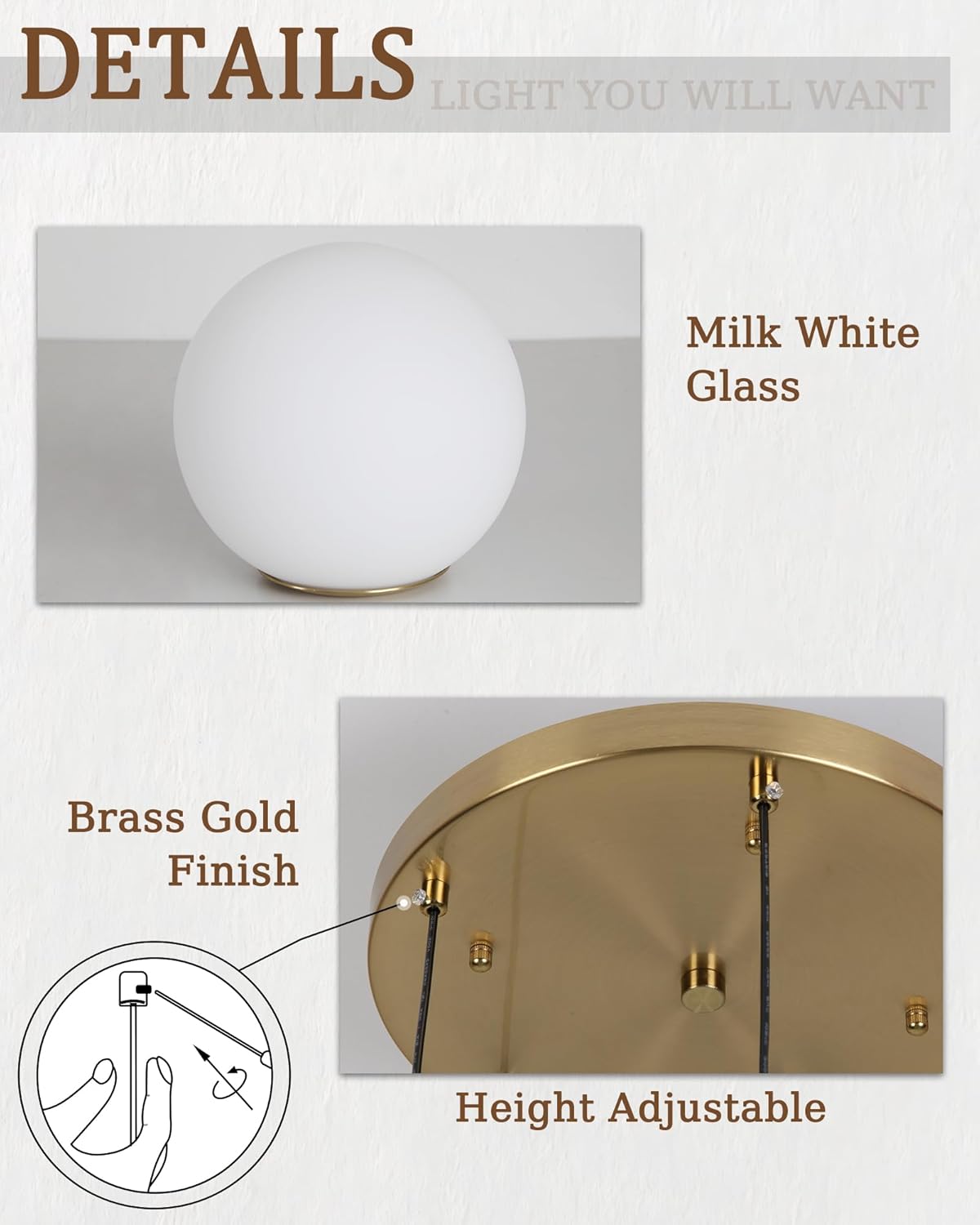 5-Light Globe Chandelier Cluster Pendant Lights, Mid Century Brushed Brass Gold Chandelier with Milk Glass Shade, Adjustable Hanging Cord Ceiling Light for Living Dining Room Staircase