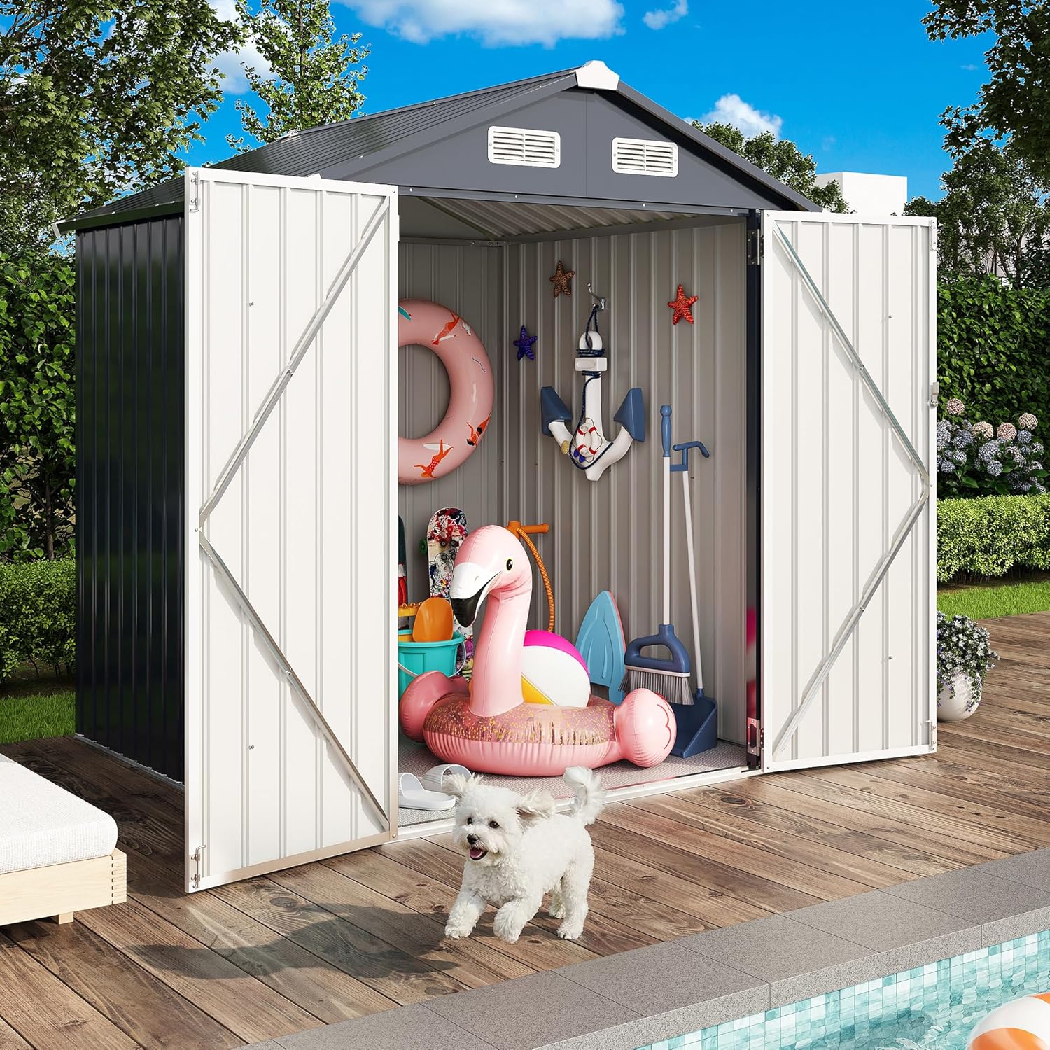 IRONCK 5.7x5.7FT Storage Shed, Outdoor Tool Shed with Lockable Doors and Breathable Vent, Outside Metal Garden Storage for Poolside, Backyard, Patio, Dark Blue