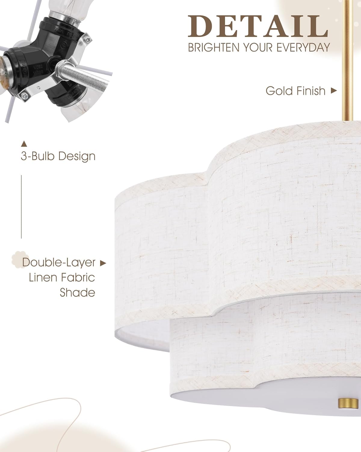 18" Chandelier, 3-Light Gold Pendant Light Fixtures with Dual Layer Linen Shade in Quatrefoil Shape, Double Drum Chandeliers for Dining Room Kitchen Living Room Bedroom, AD-22007-3P-GD-B