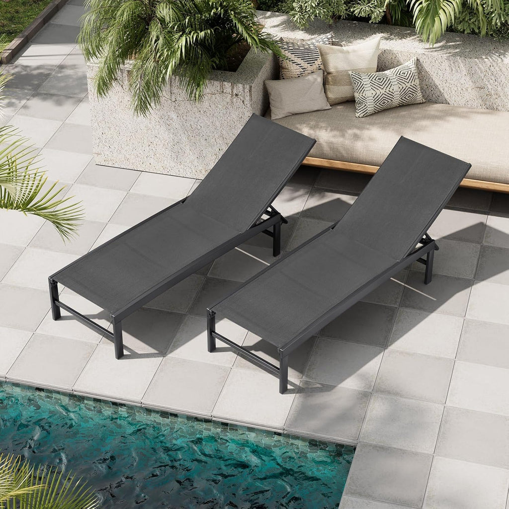 Crestlive Products Chaise Lounge Chair Outdoor Set of 2, Adjustable 5 Positions Pool Lounge Chairs, Metal Tanning Recliner, Outdoor Furniture All Weather for Patio, Beach, Yard, Pool