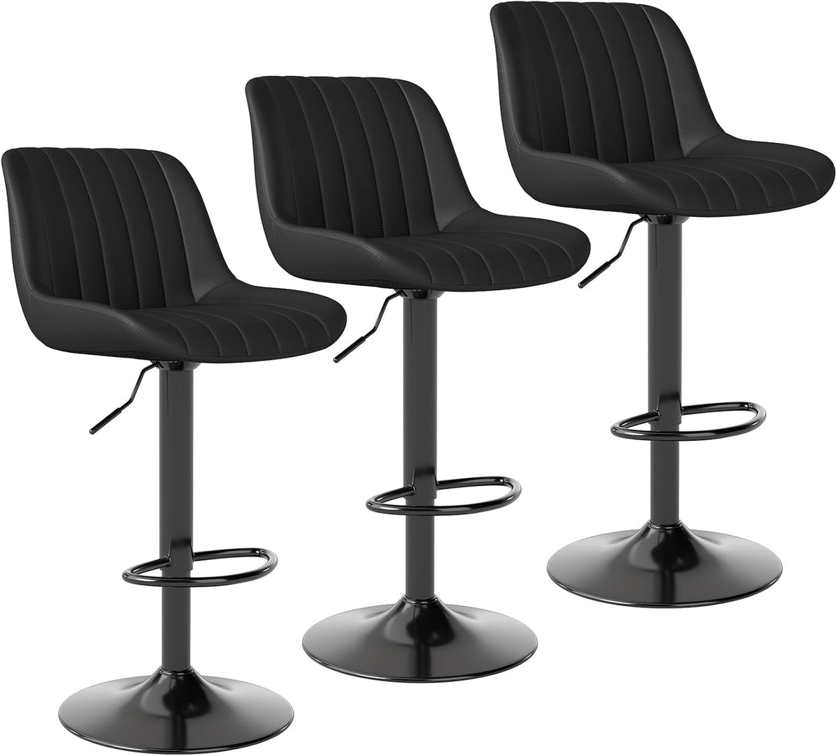Youhauchair Bar Stools Set of 3, Swivel Counter Height Barstools with Back, Adjustable PU Leather Bar Chairs, Modern Armless Kitchen Island Stool, Black