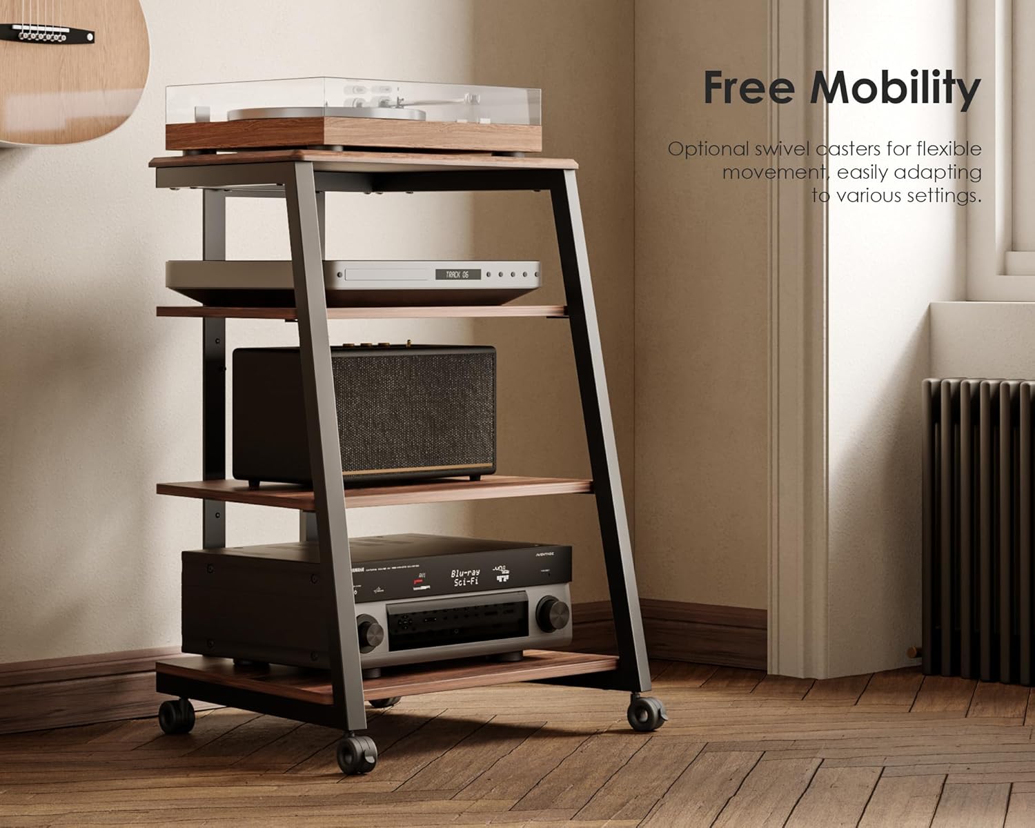 FITUEYES Design 4-Tier AV Media Stand Corner Shelf for Record Player Wooden Stereo Cabinet Audio Rack Tower with Height Adjustable Wooden Shelves for ps4 (Walnut)