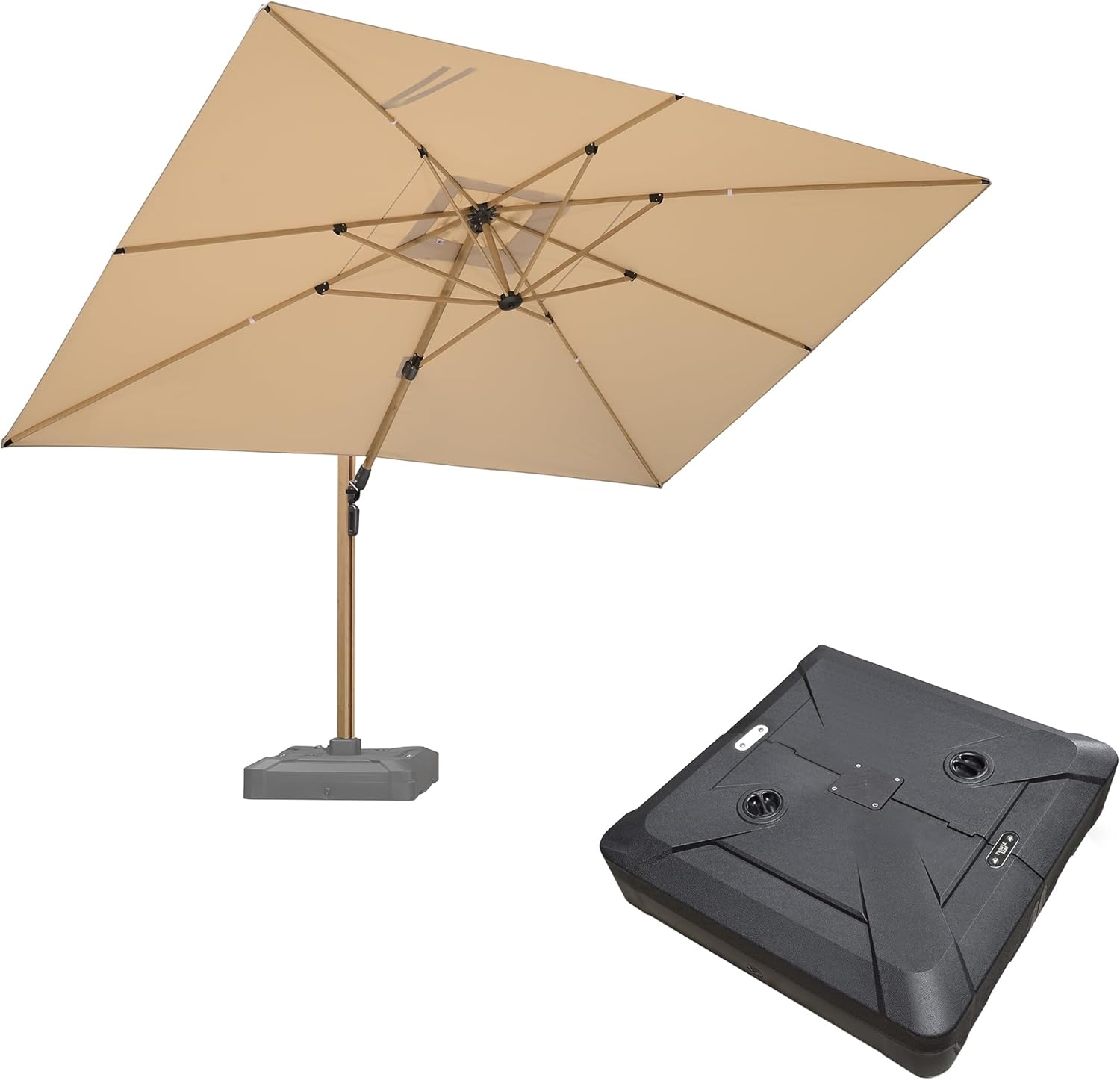 PURPLE LEAF 10' x 13' Rectangle Patio Cantilever Umbrella With Base Large Hanging Umbrella Teak Finished Aluminum Frame Windproof Offset Outdoor Sun Umbrellas for Beach Pool Deck, Beige