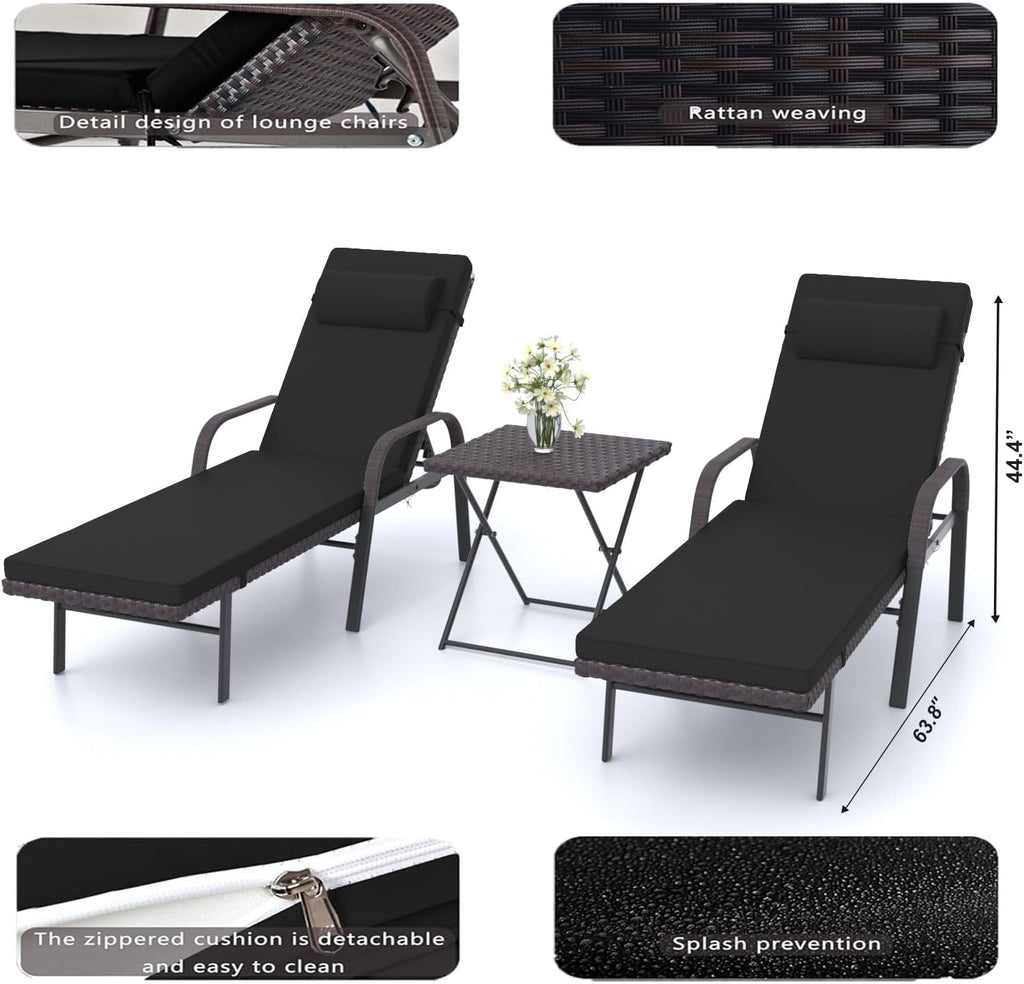 Patio Chaise Lounge Set 3 Pieces Outdoor Lounge Chair with Rattan Adjustable Backrest Armrest and Folding Table for Beach Patio,Sand, for Poolside Backyard Porch